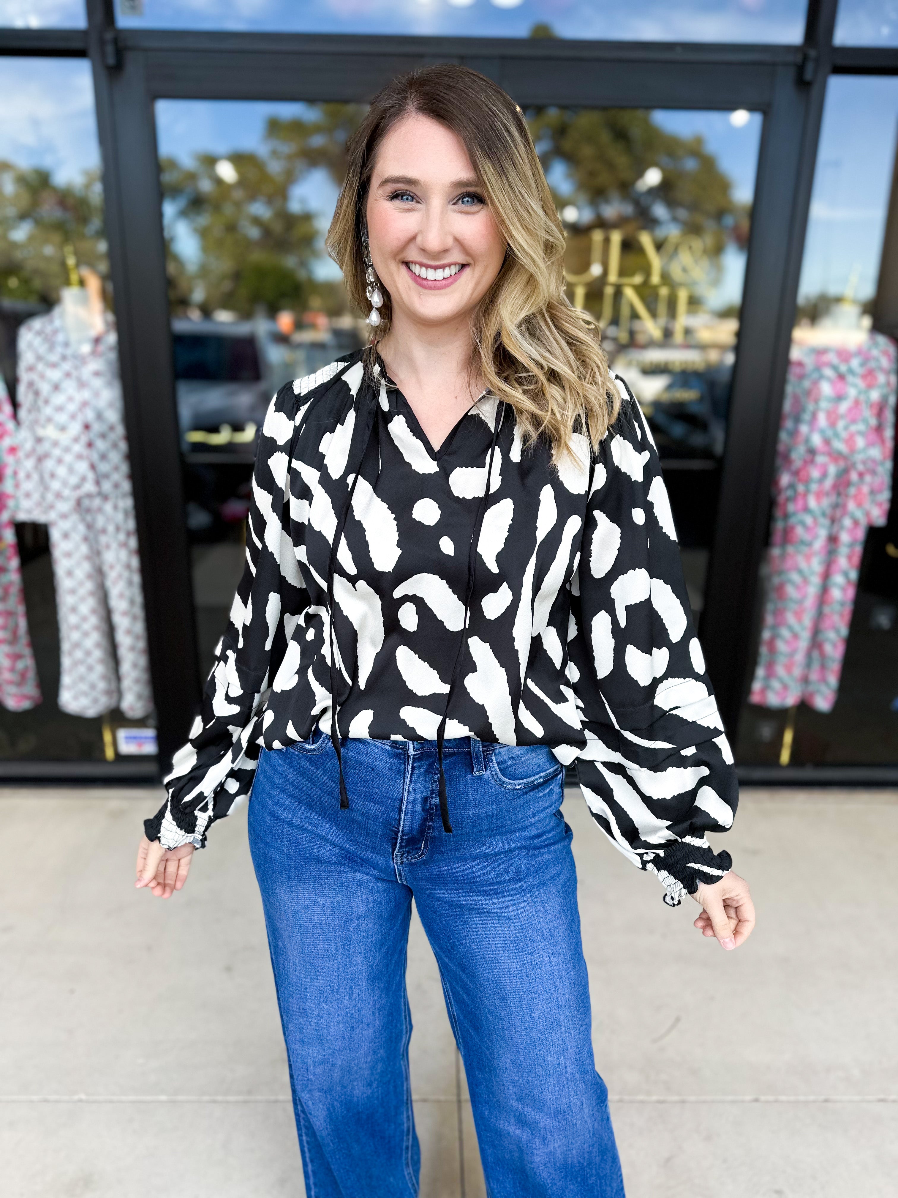 Abstract Black & White Blouse-200 Fashion Blouses-FATE-July & June Women's Fashion Boutique Located in San Antonio, Texas