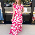 Deep Pink Floral Midi Dress-500 Midi-PINCH-July & June Women's Fashion Boutique Located in San Antonio, Texas