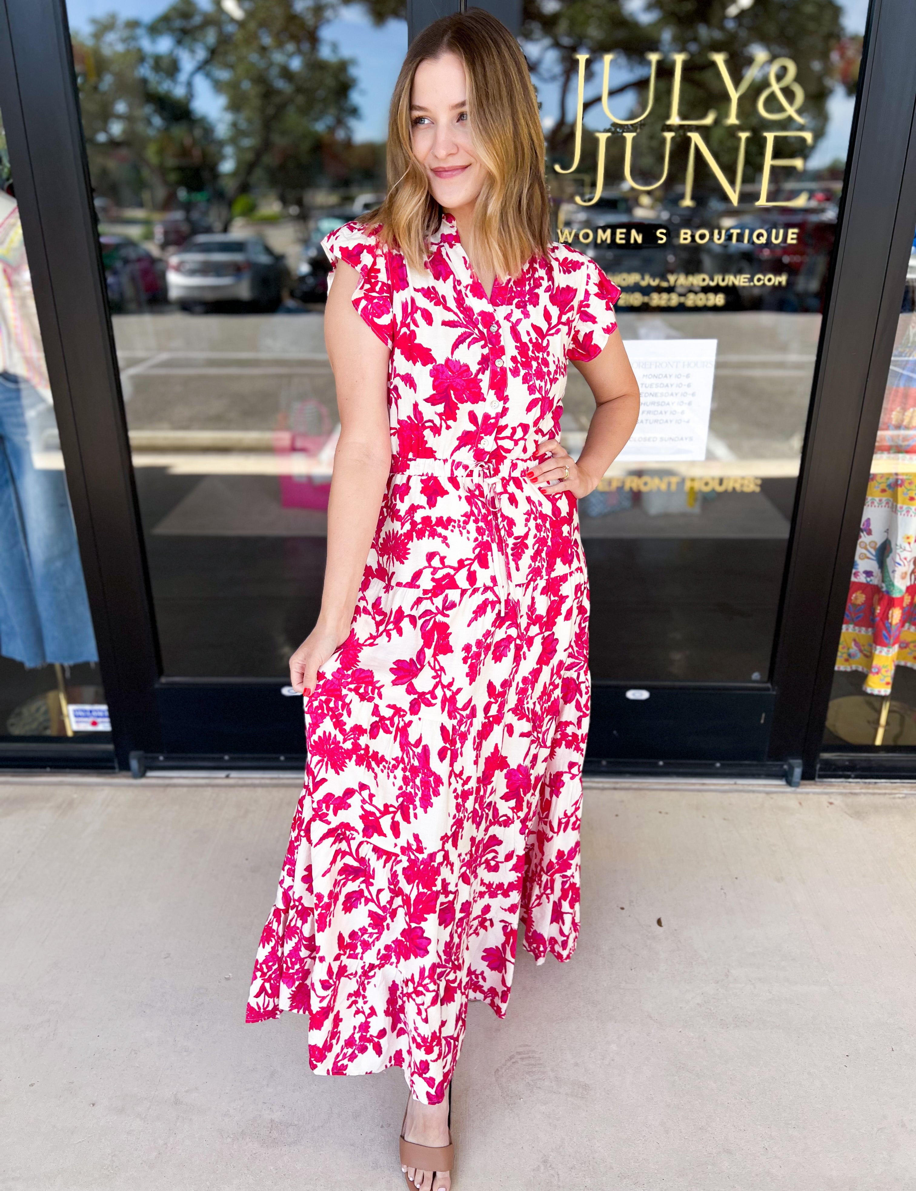 Deep Pink Floral Midi Dress-500 Midi-PINCH-July & June Women's Fashion Boutique Located in San Antonio, Texas
