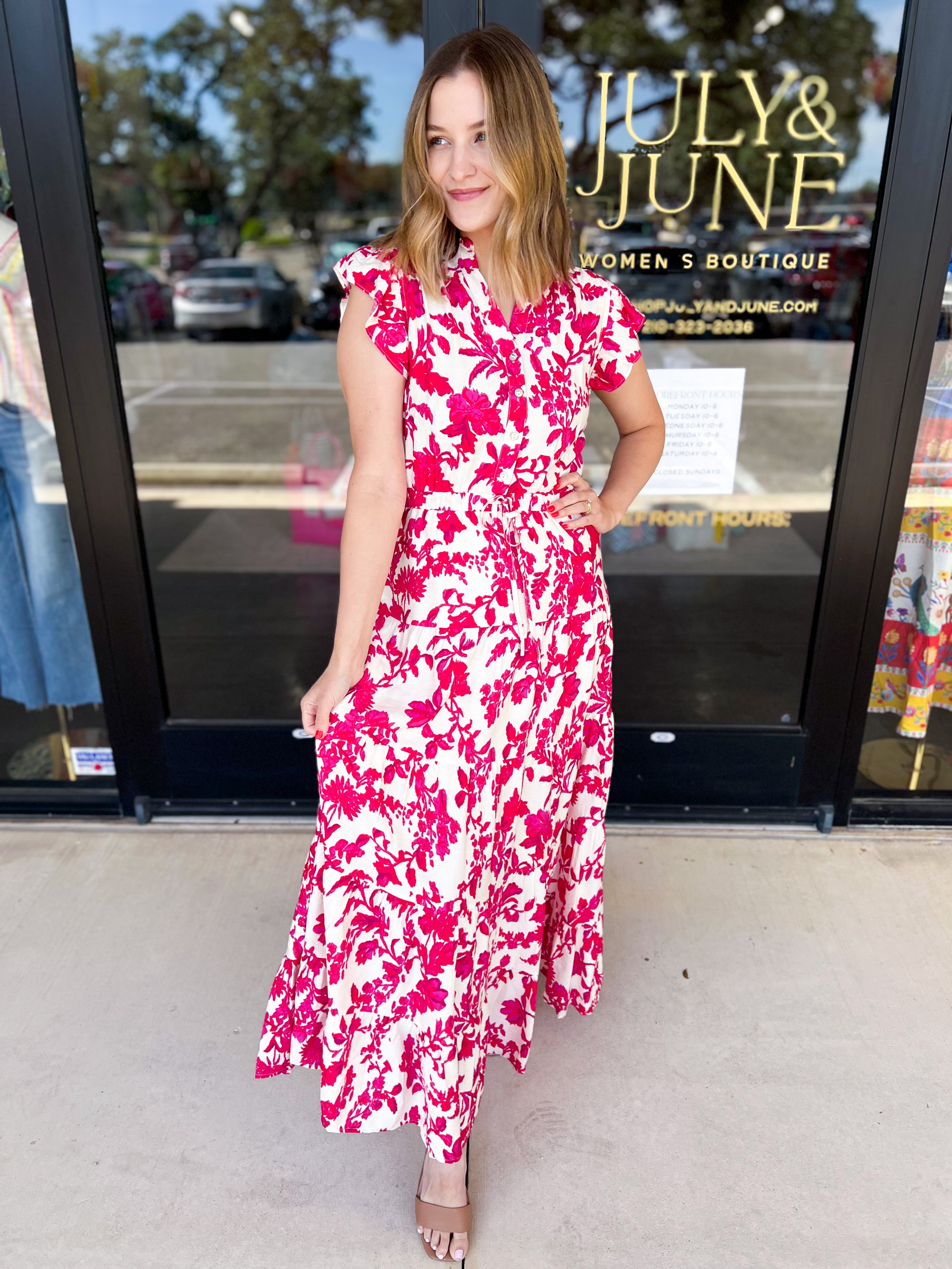 Deep Pink Floral Midi Dress-500 Midi-PINCH-July & June Women's Fashion Boutique Located in San Antonio, Texas