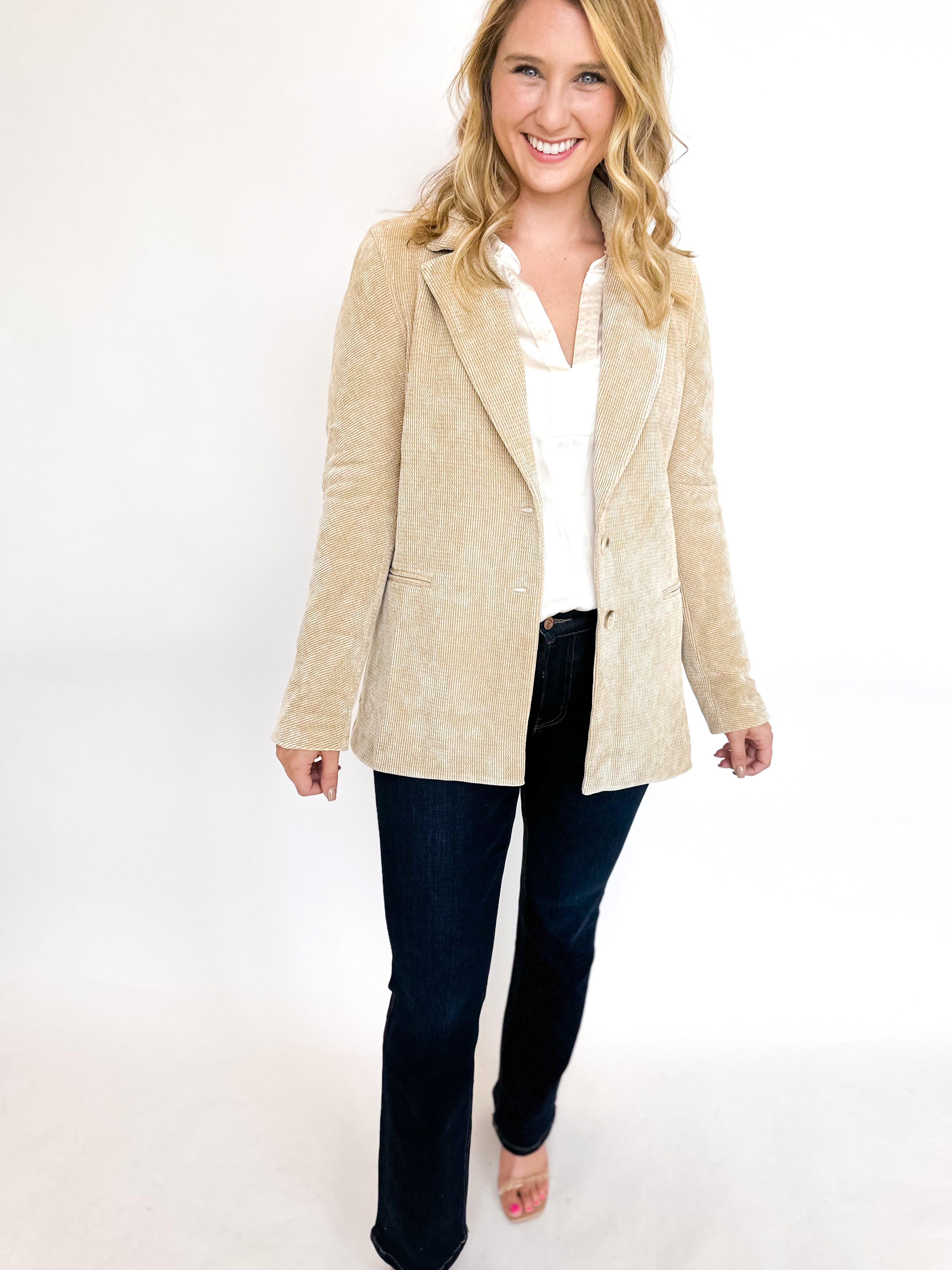 Champagne Textured Suede Blazer-600 Outerwear-CURRENT AIR CLOTHING-July & June Women's Fashion Boutique Located in San Antonio, Texas