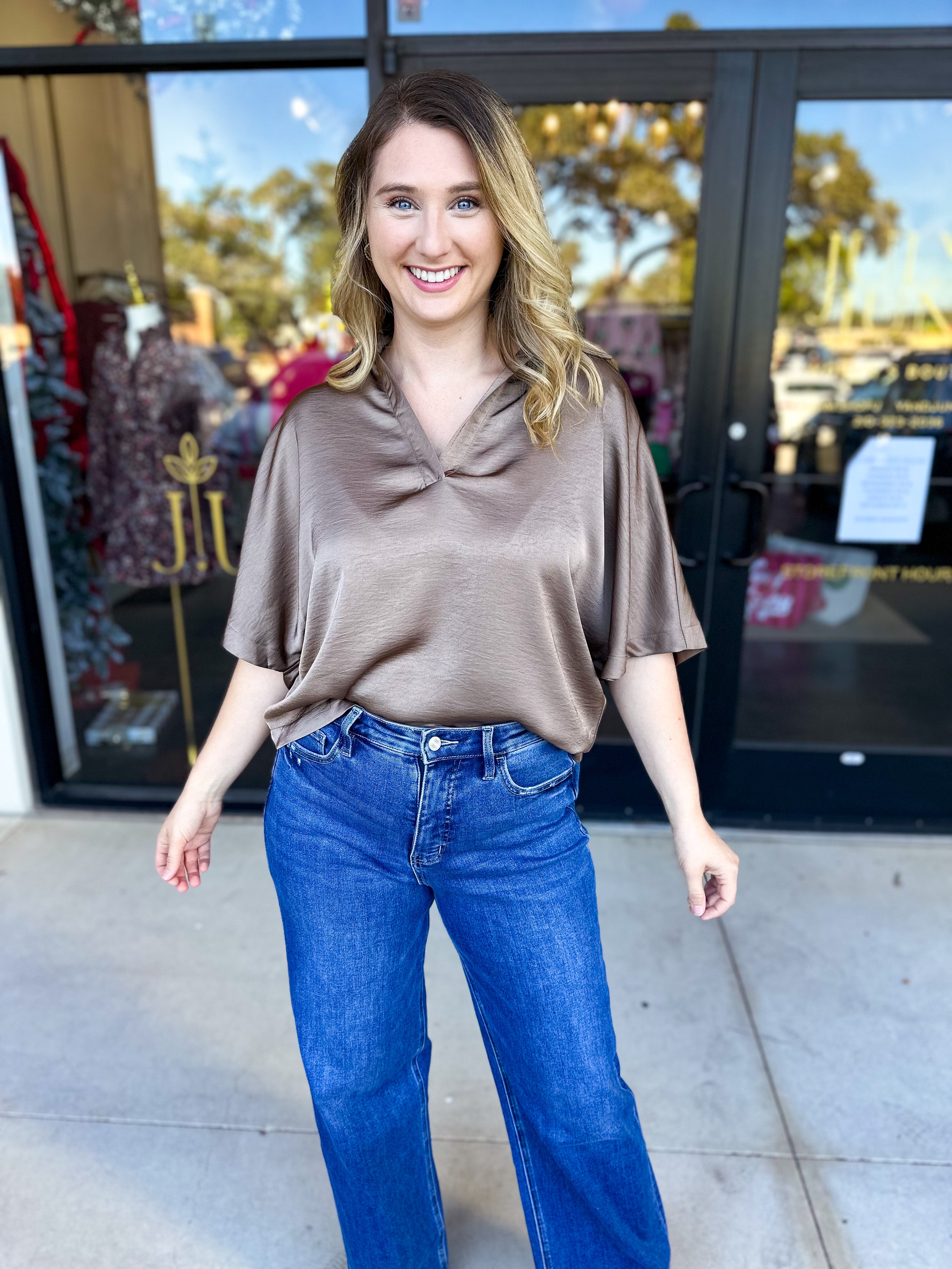 Pink Friday Doorbuster - Classic Satin Blouse - Mocha - ONLINE-PINK FRIDAY DOORBUSTERS-GLAM-July & June Women's Fashion Boutique Located in San Antonio, Texas