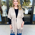 Oatmeal Fringe Wrap Cardigan-230 Sweaters/Cardis-SKIES ARE BLUE-July & June Women's Fashion Boutique Located in San Antonio, Texas