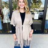 Oatmeal Fringe Wrap Cardigan-230 Sweaters/Cardis-SKIES ARE BLUE-July & June Women's Fashion Boutique Located in San Antonio, Texas