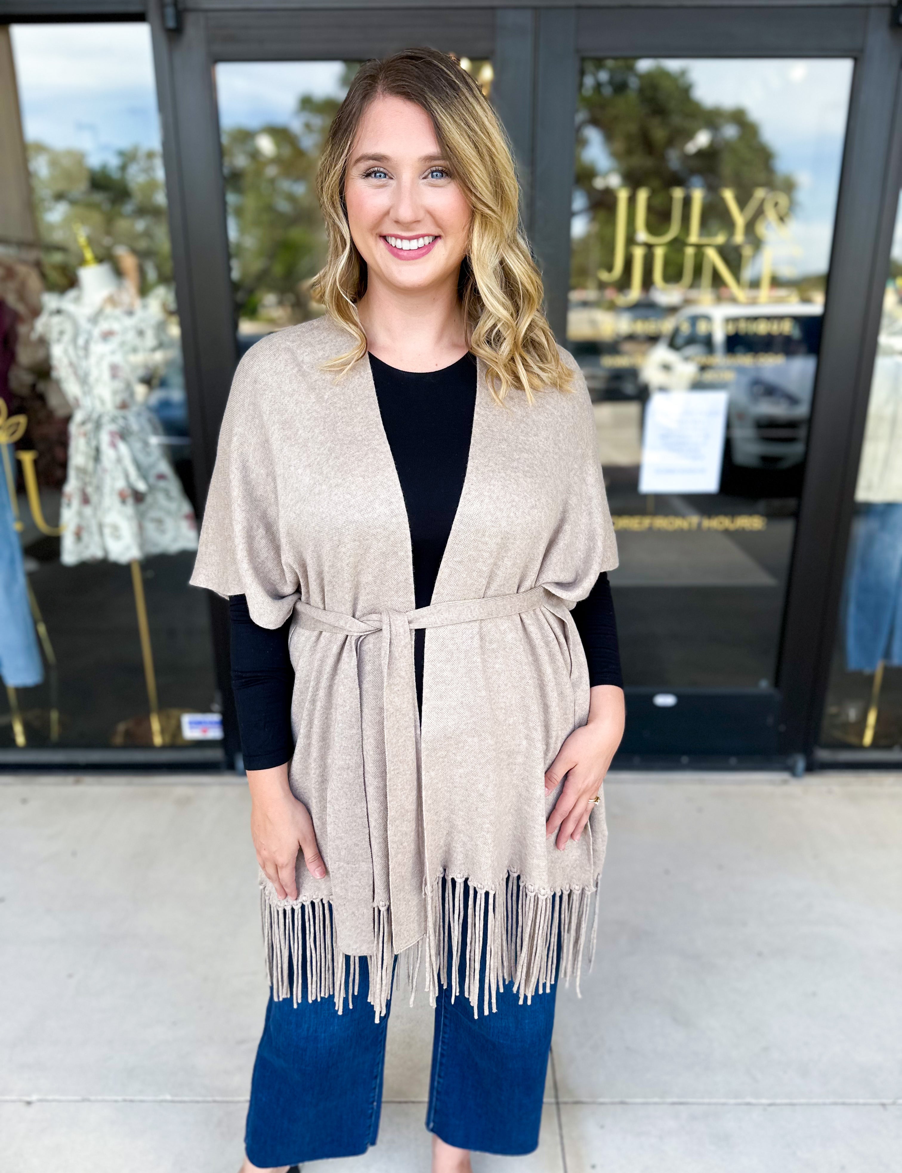 Oatmeal Fringe Wrap Cardigan-230 Sweaters/Cardis-SKIES ARE BLUE-July & June Women's Fashion Boutique Located in San Antonio, Texas