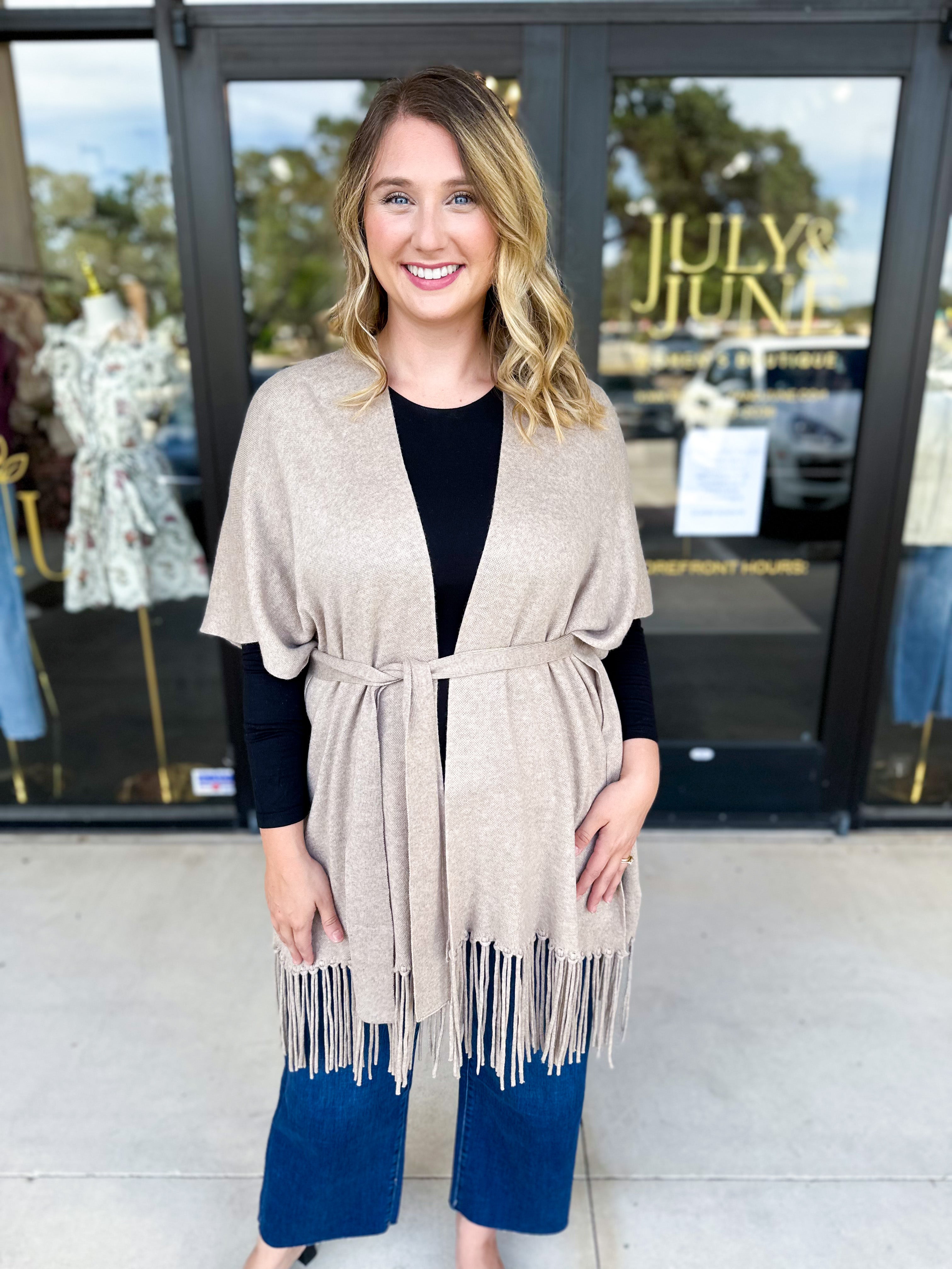 Oatmeal Fringe Wrap Cardigan-230 Sweaters/Cardis-SKIES ARE BLUE-July & June Women's Fashion Boutique Located in San Antonio, Texas