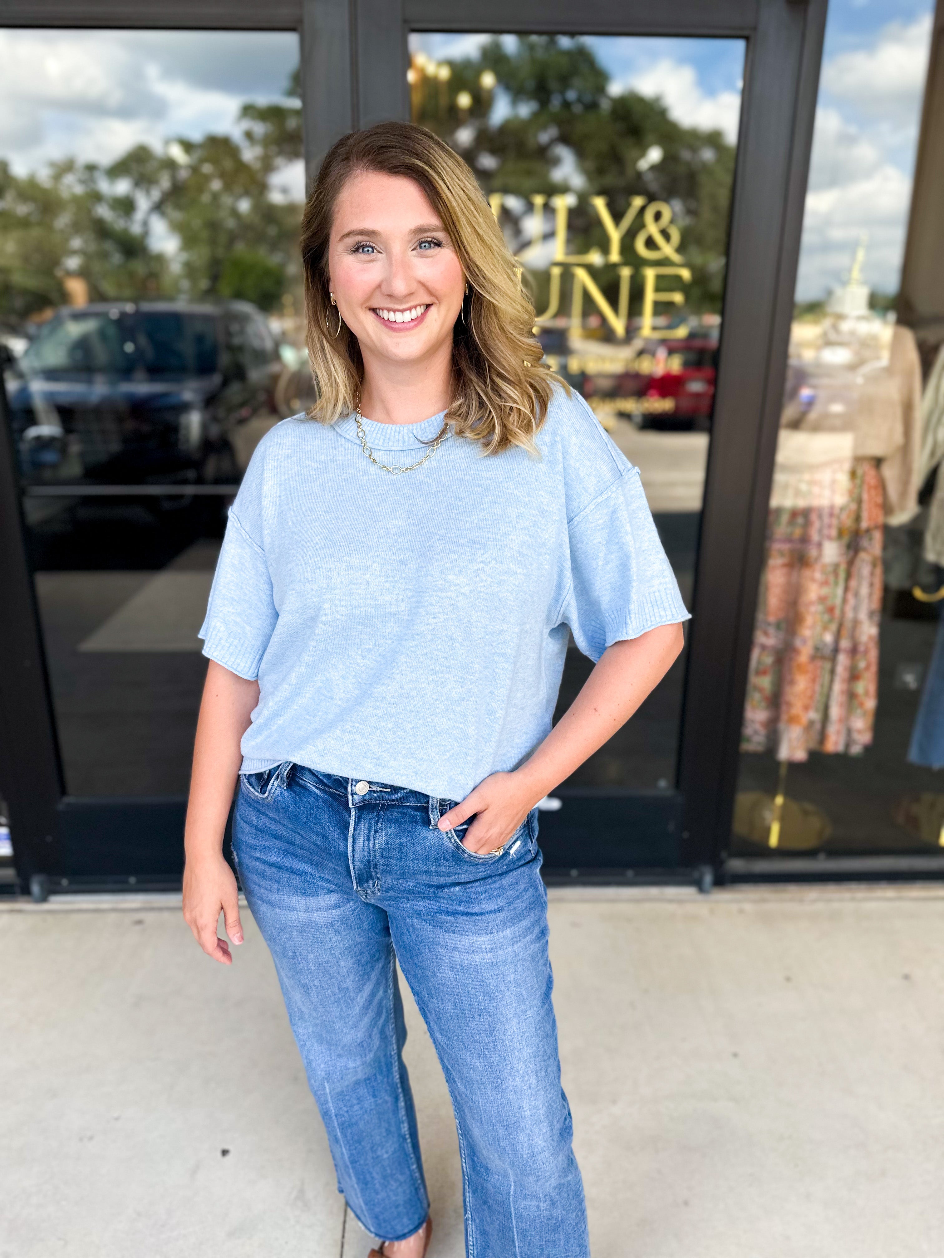 The Ella Knit Sweater Top - Powder Blue-230 Sweaters/Cardis-JODIFL-July & June Women's Fashion Boutique Located in San Antonio, Texas