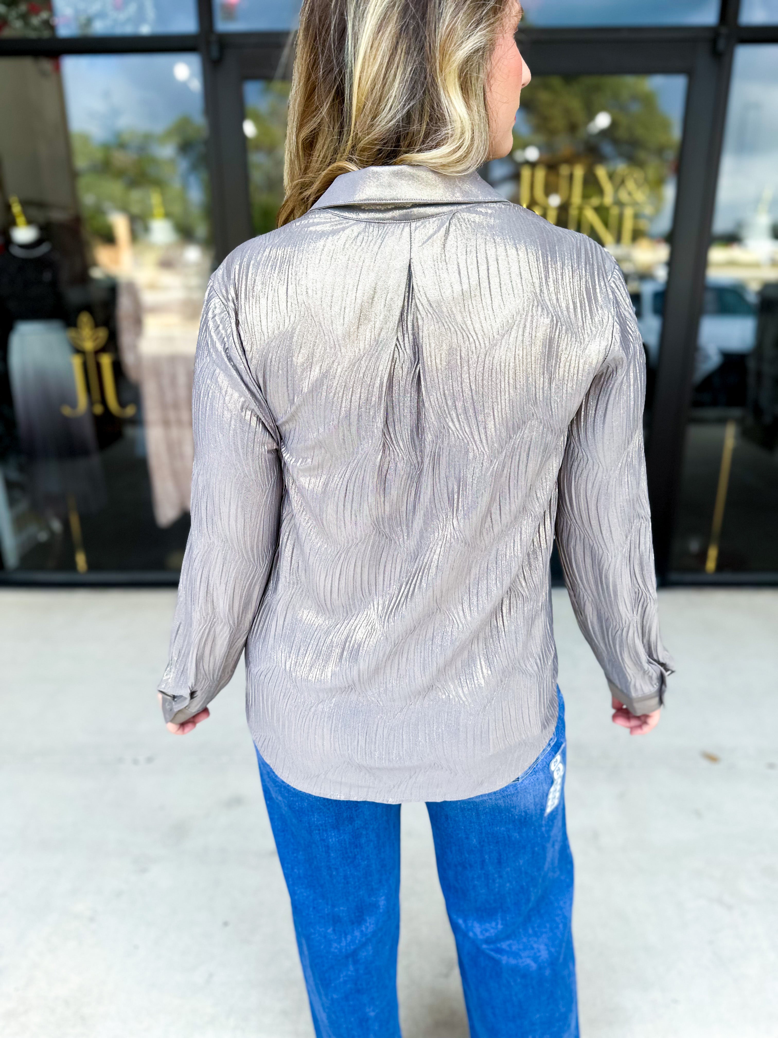 Shimmer Button Down Blouse - Champagne-200 Fashion Blouses-ALLIE ROSE-July & June Women's Fashion Boutique Located in San Antonio, Texas