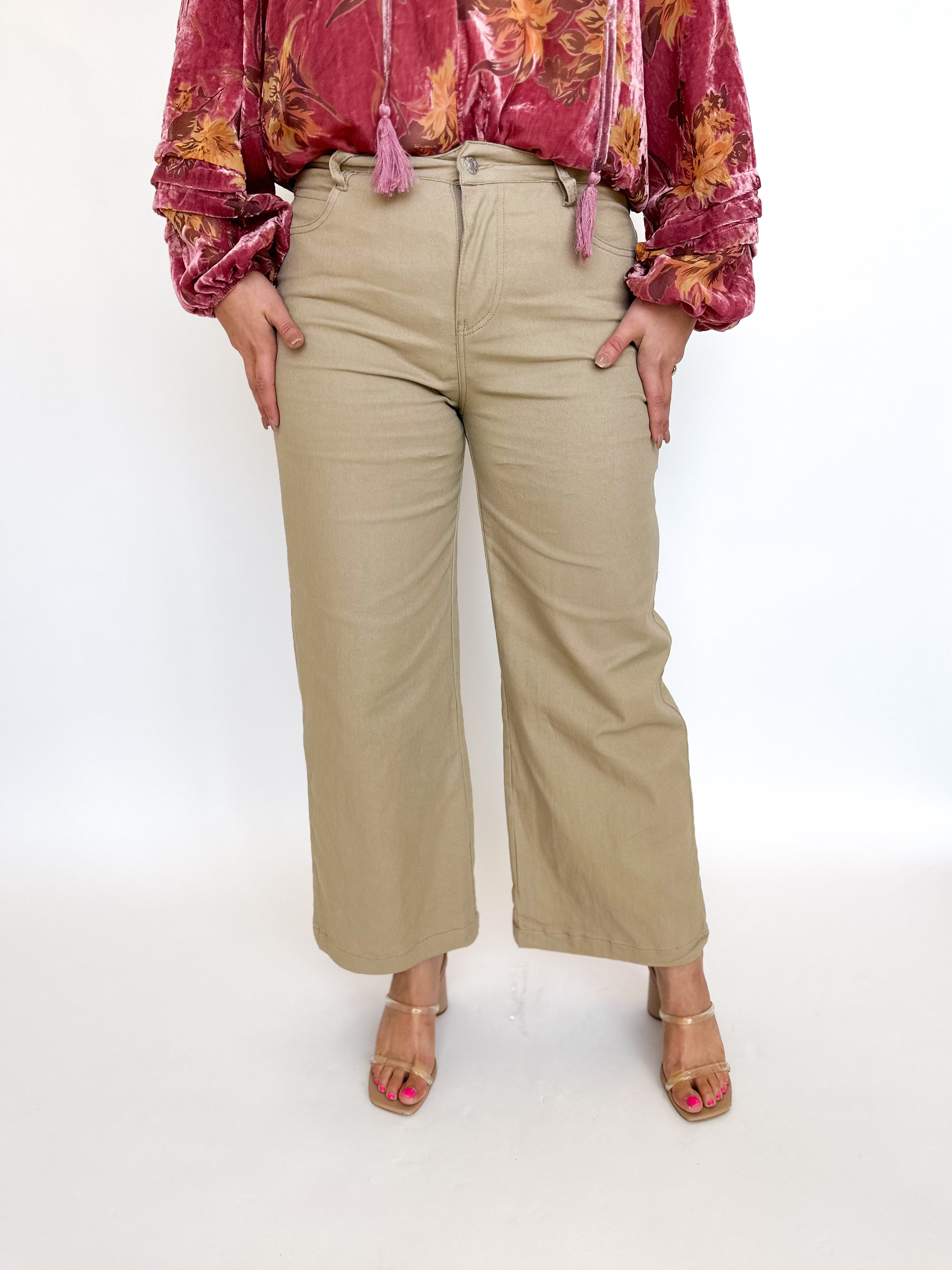 Wide Leg Cropped Denim- Tan-400 Pants-ENTRO-July & June Women's Fashion Boutique Located in San Antonio, Texas