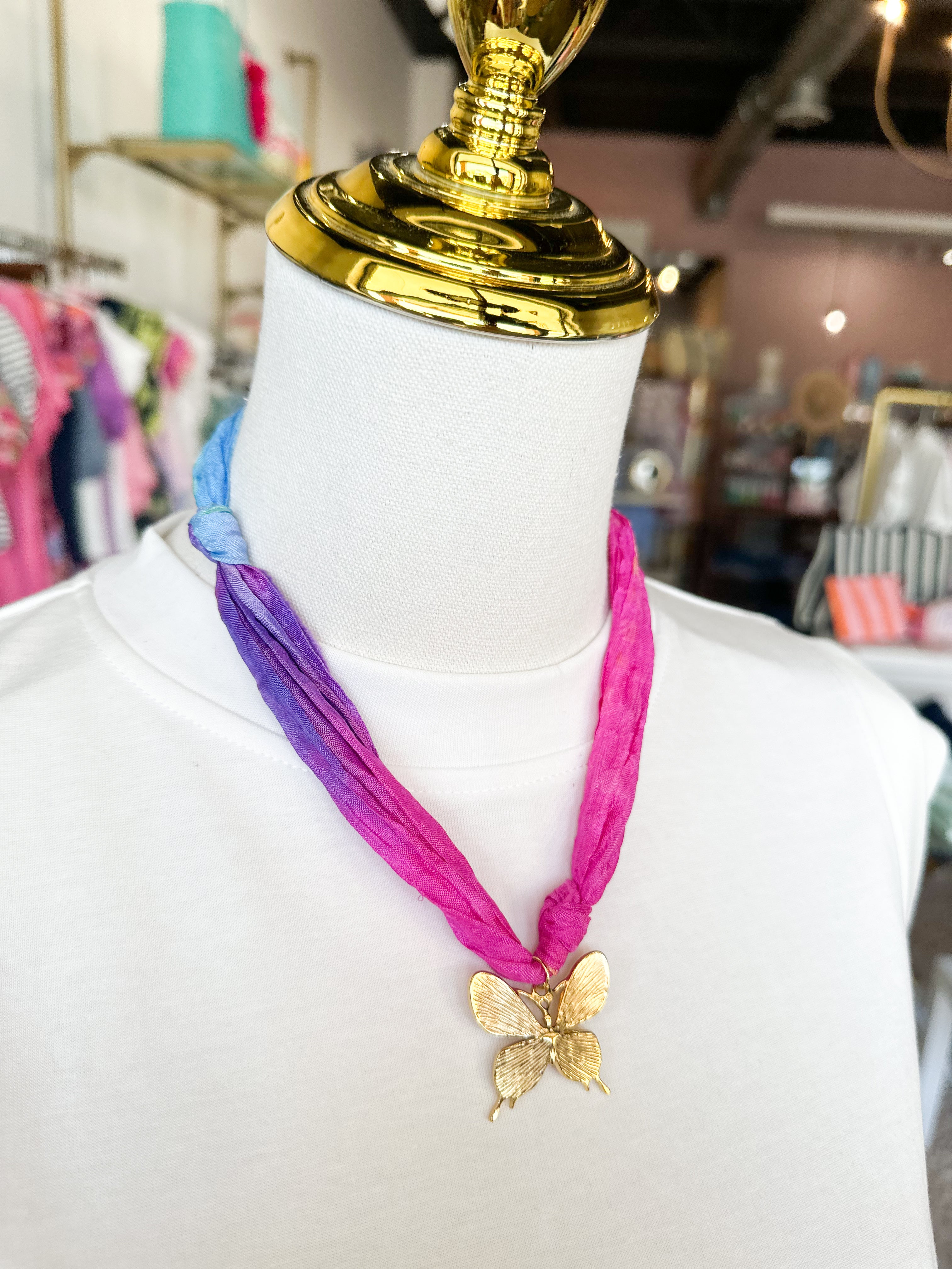 Scarf Necklace - Purple, Pink, Blue Butterfly-110 Jewelry & Hair-HART DESIGNS-July & June Women's Fashion Boutique Located in San Antonio, Texas
