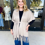 Oatmeal Fringe Wrap Cardigan-230 Sweaters/Cardis-SKIES ARE BLUE-July & June Women's Fashion Boutique Located in San Antonio, Texas