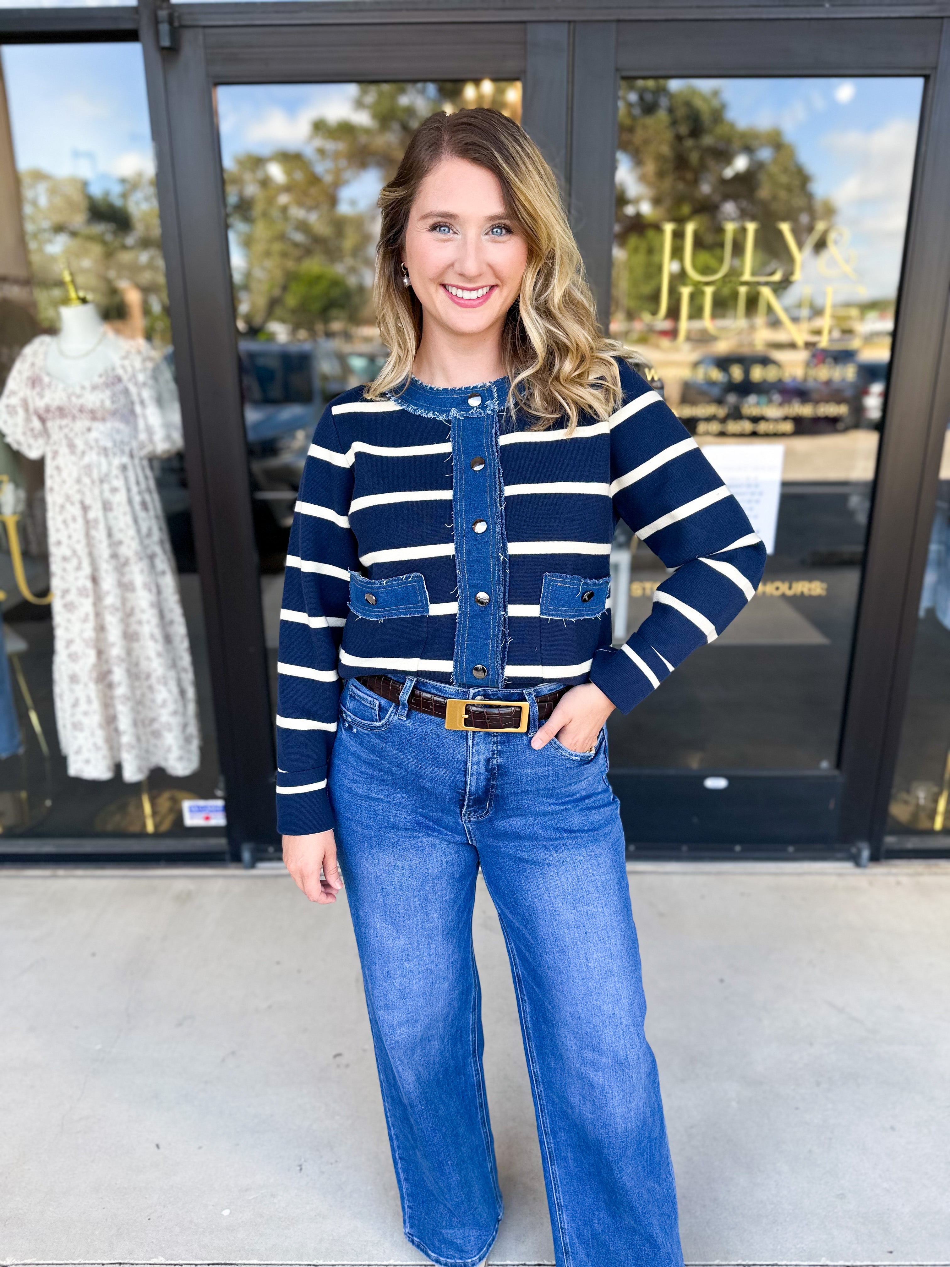 Denim Dreams Cardigan-230 Sweaters/Cardis-ENTRO-July & June Women's Fashion Boutique Located in San Antonio, Texas
