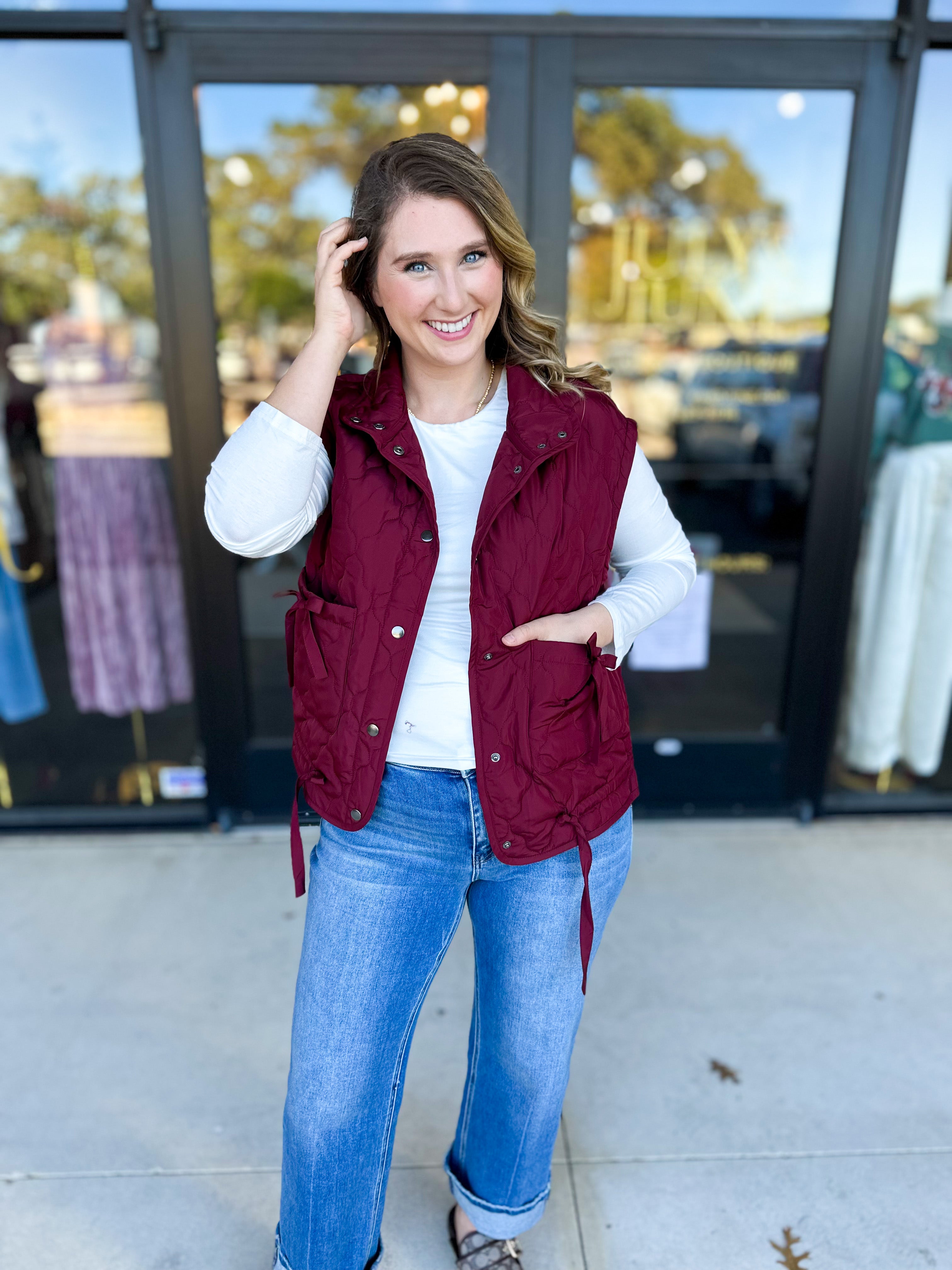 Quilted Bow Vest - Burgundy-600 Outerwear-BLU PEPPER-July & June Women's Fashion Boutique Located in San Antonio, Texas