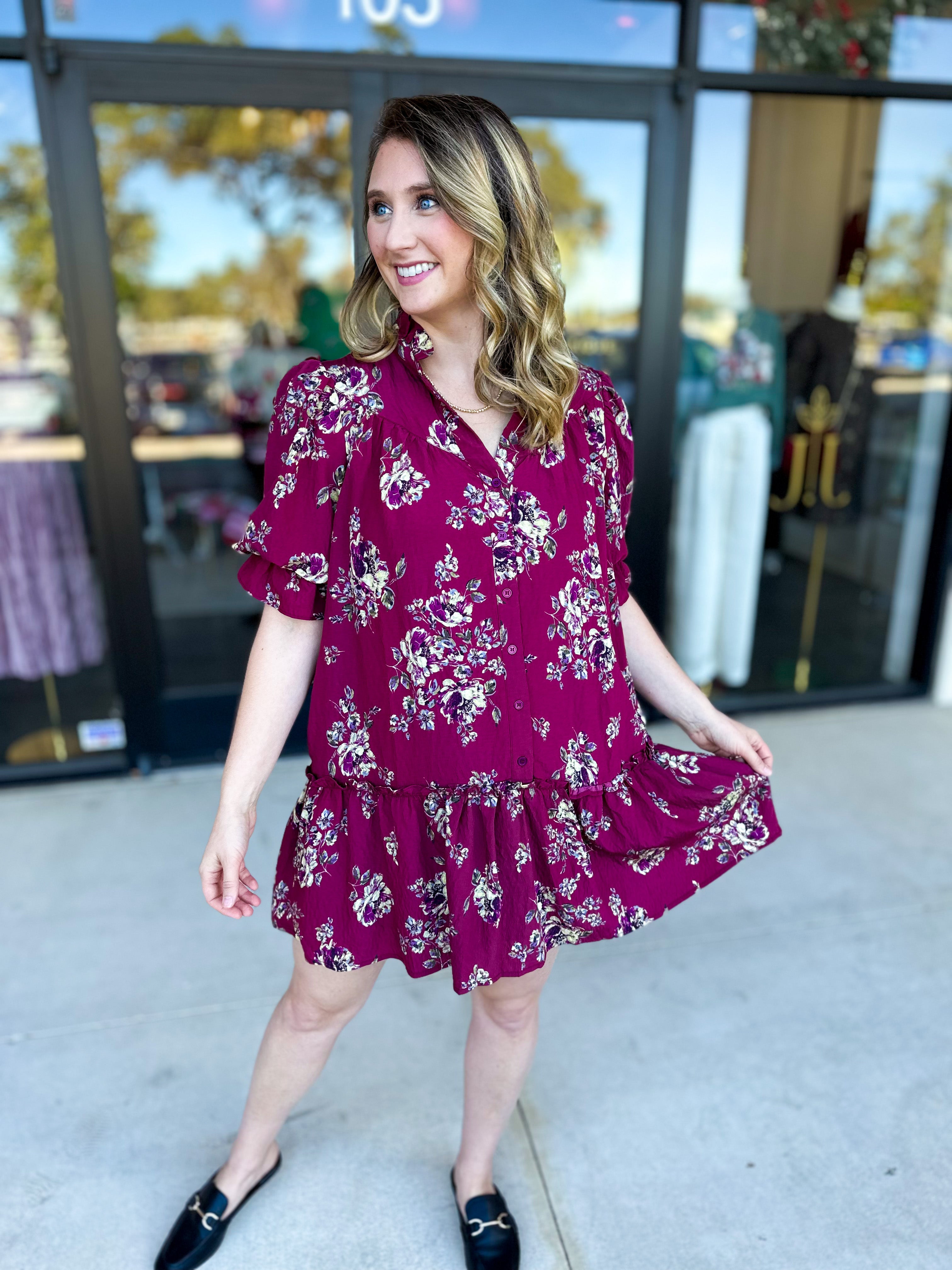 Red Plum Floral Mini Dress-510 Mini-FATE-July & June Women's Fashion Boutique Located in San Antonio, Texas