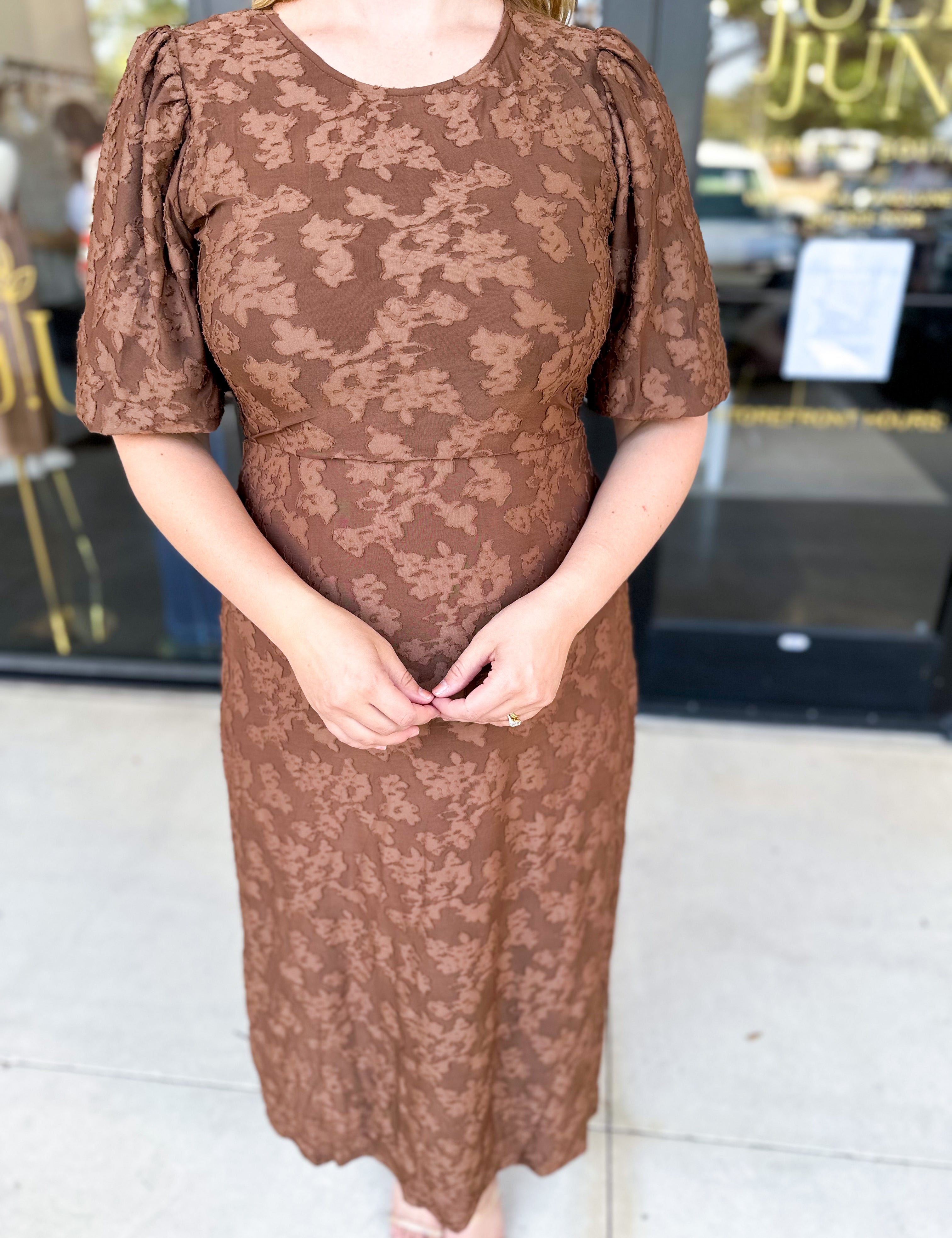 Fall Lace Midi Dress - Chocolate-500 Midi-POLOGRAM-July & June Women's Fashion Boutique Located in San Antonio, Texas