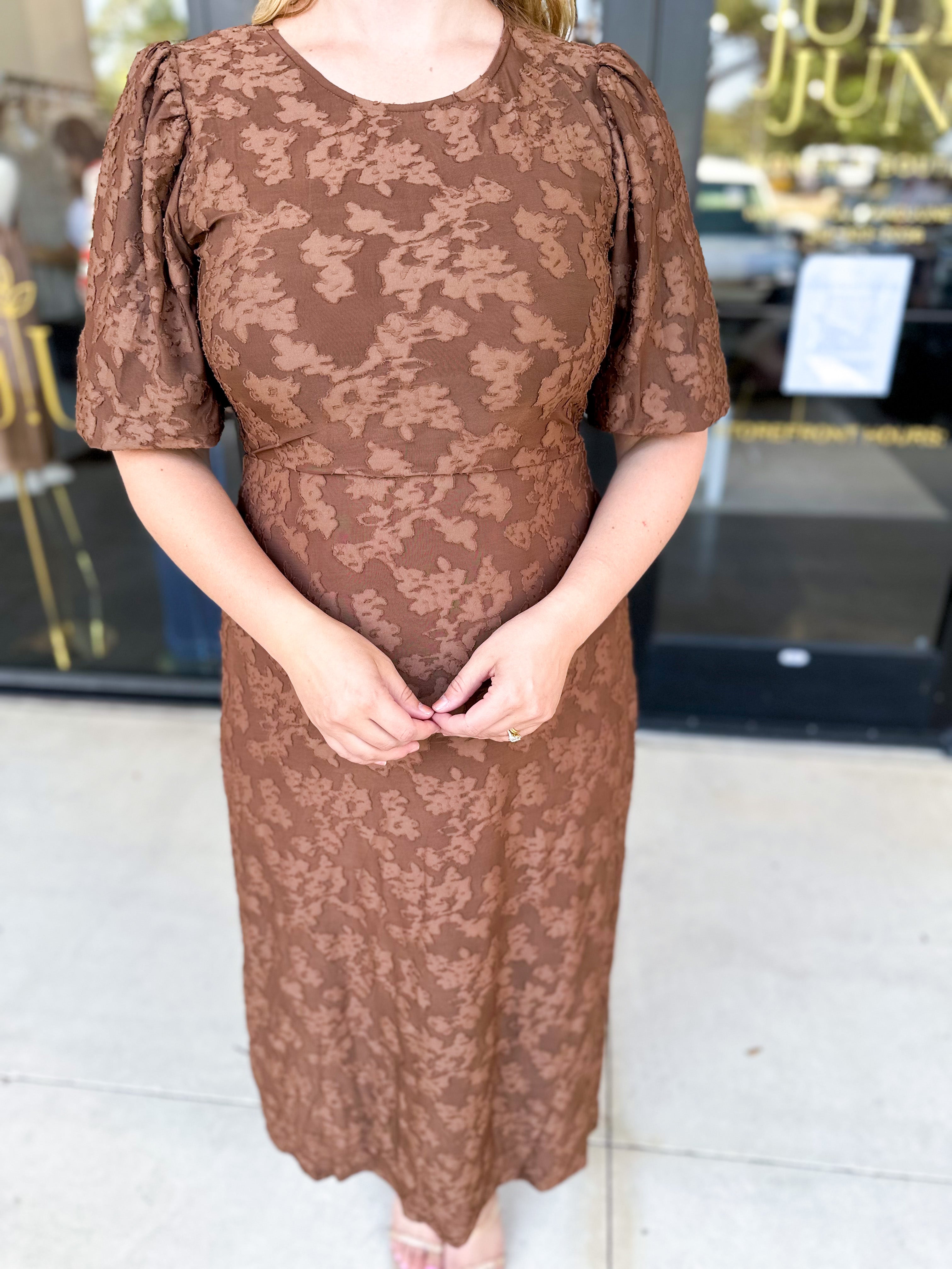 Fall Lace Midi Dress - Chocolate-500 Midi-POLOGRAM-July & June Women's Fashion Boutique Located in San Antonio, Texas