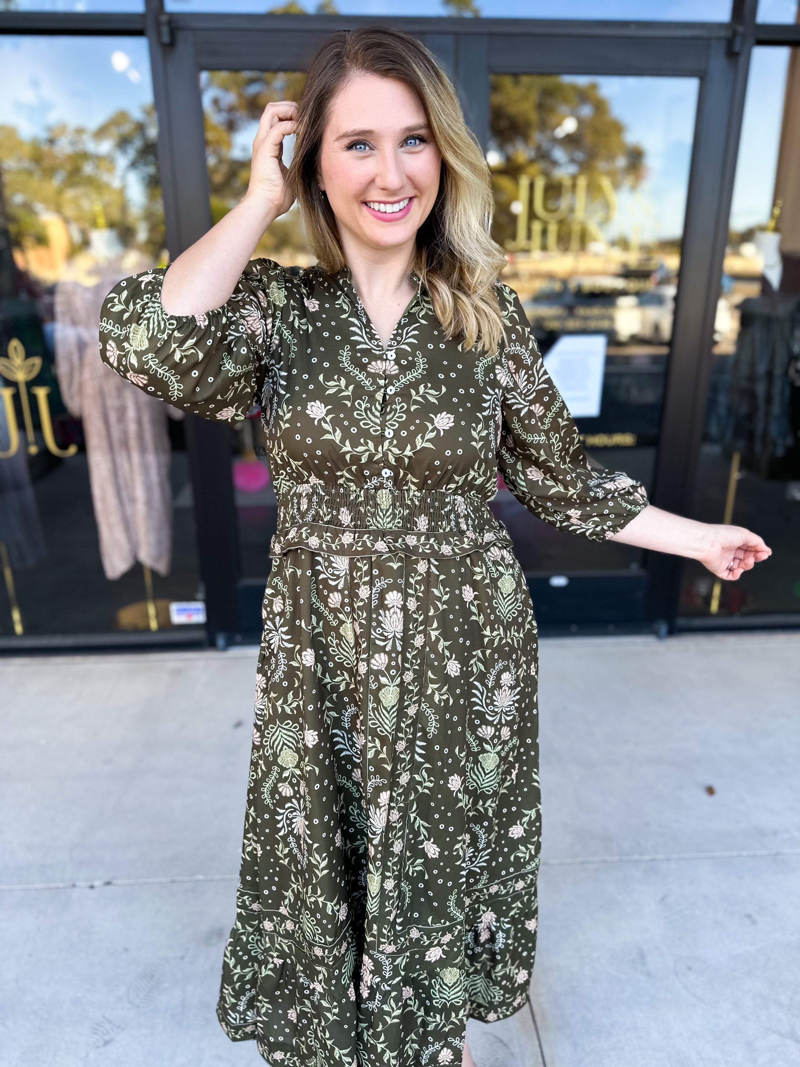 Enchanted Floral Midi Dress-500 Midi-POLOGRAM-July & June Women's Fashion Boutique Located in San Antonio, Texas