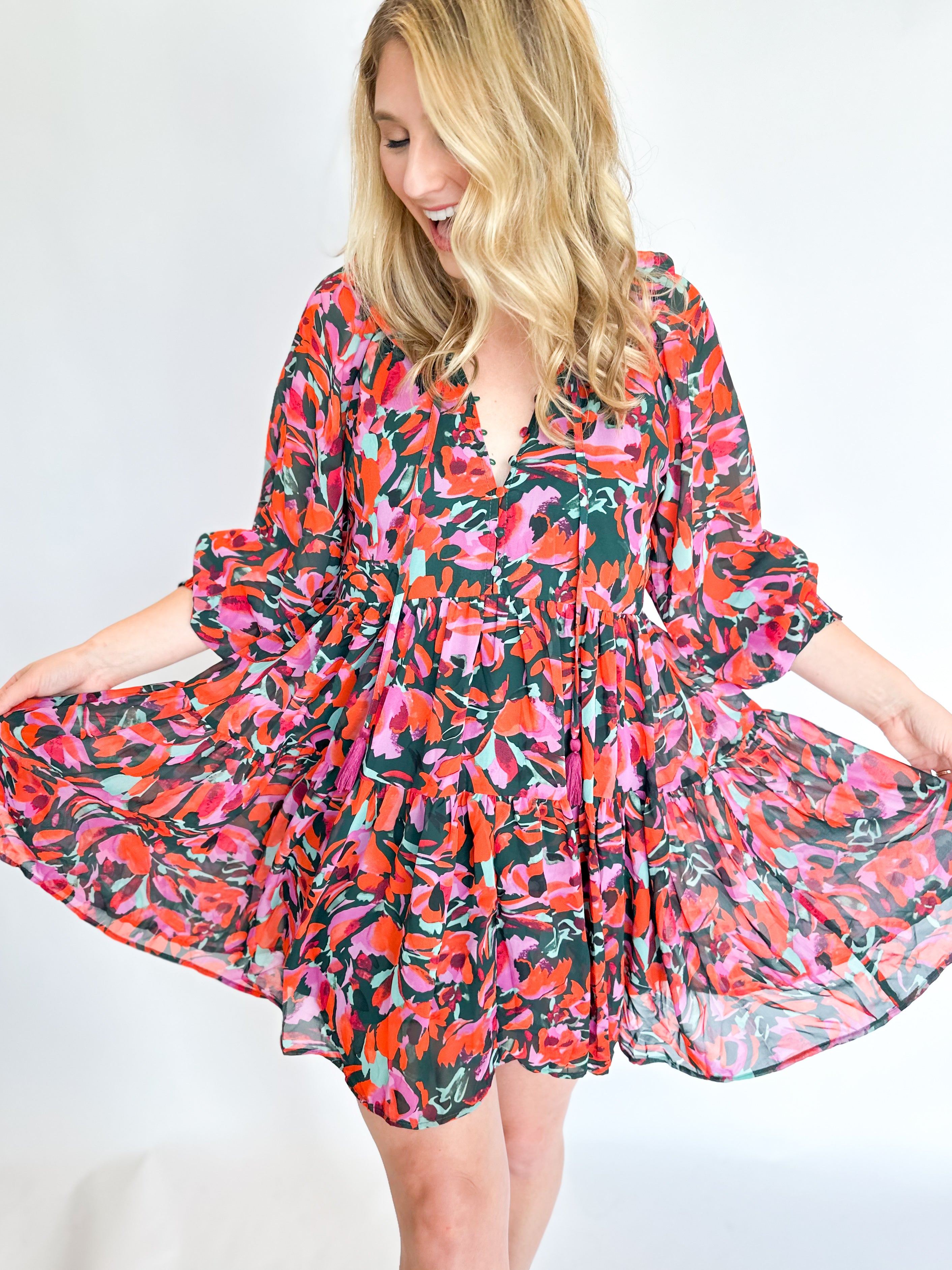Jewel Toned Floral Mini Dress-510 Mini-ENTRO-July & June Women's Fashion Boutique Located in San Antonio, Texas