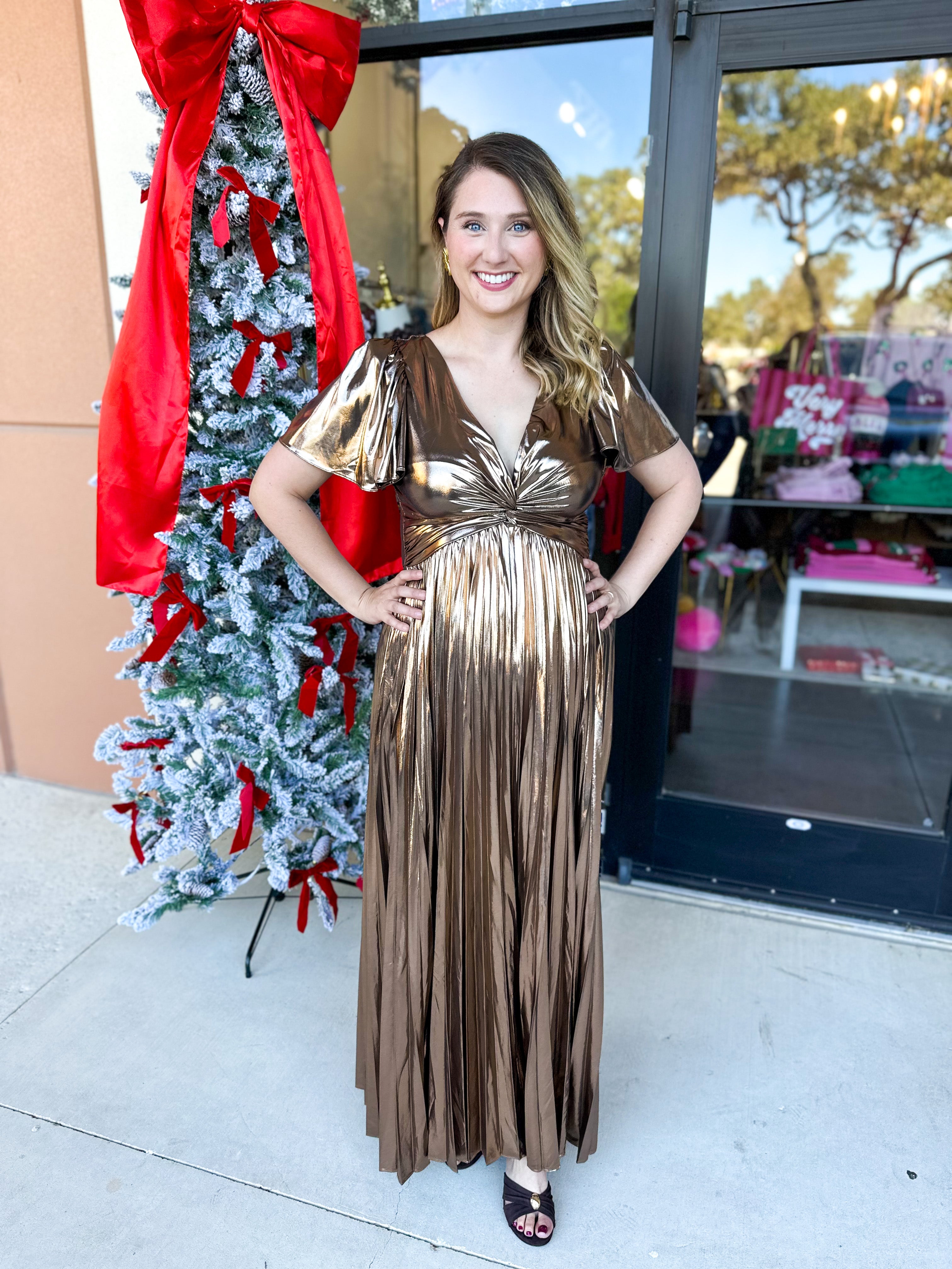 Bronze Pleated Maxi Dress-500 Midi-SKIES ARE BLUE-July & June Women's Fashion Boutique Located in San Antonio, Texas