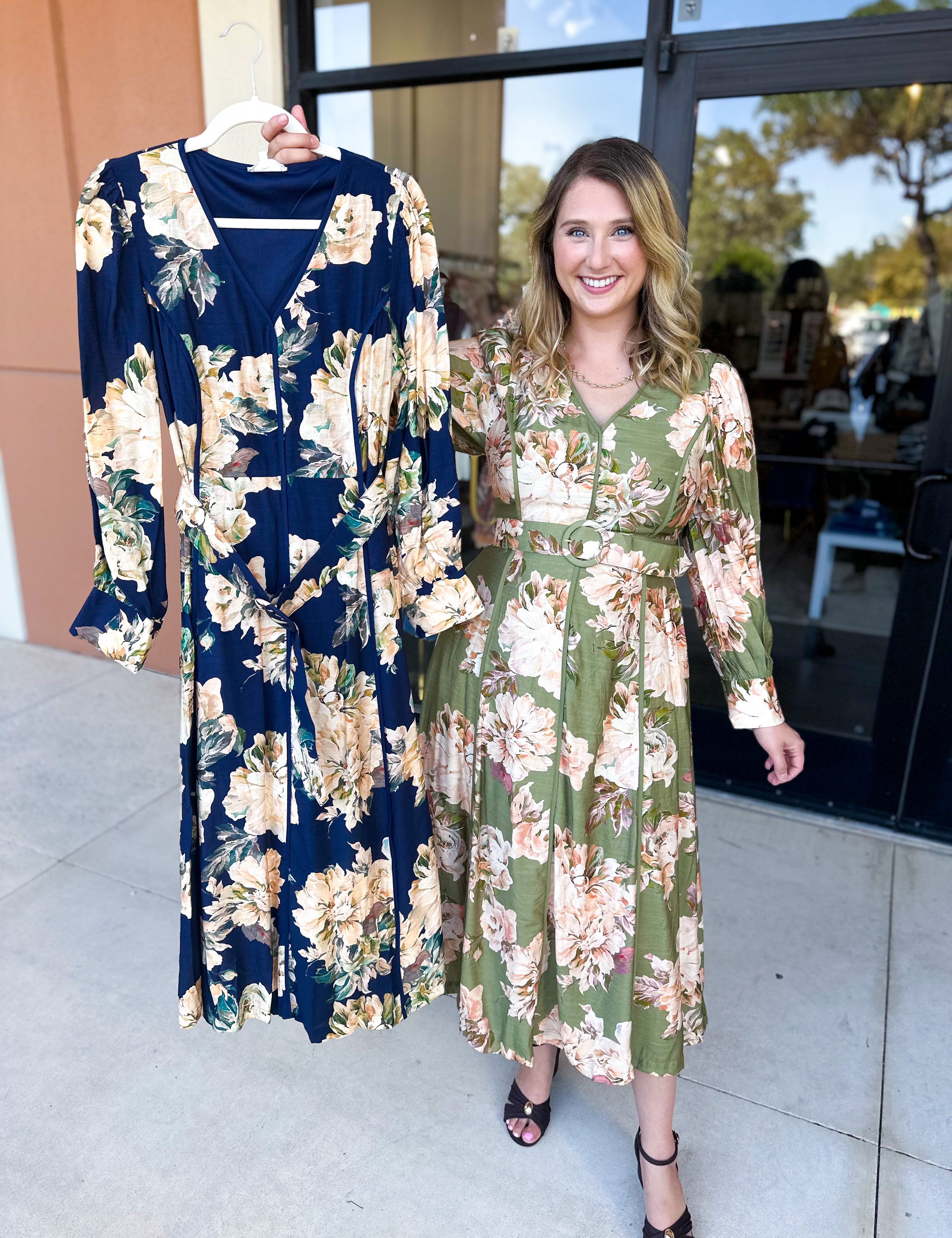 Fall Meadows Midi Dress - Olive-500 Midi-ENTRO-July & June Women's Fashion Boutique Located in San Antonio, Texas