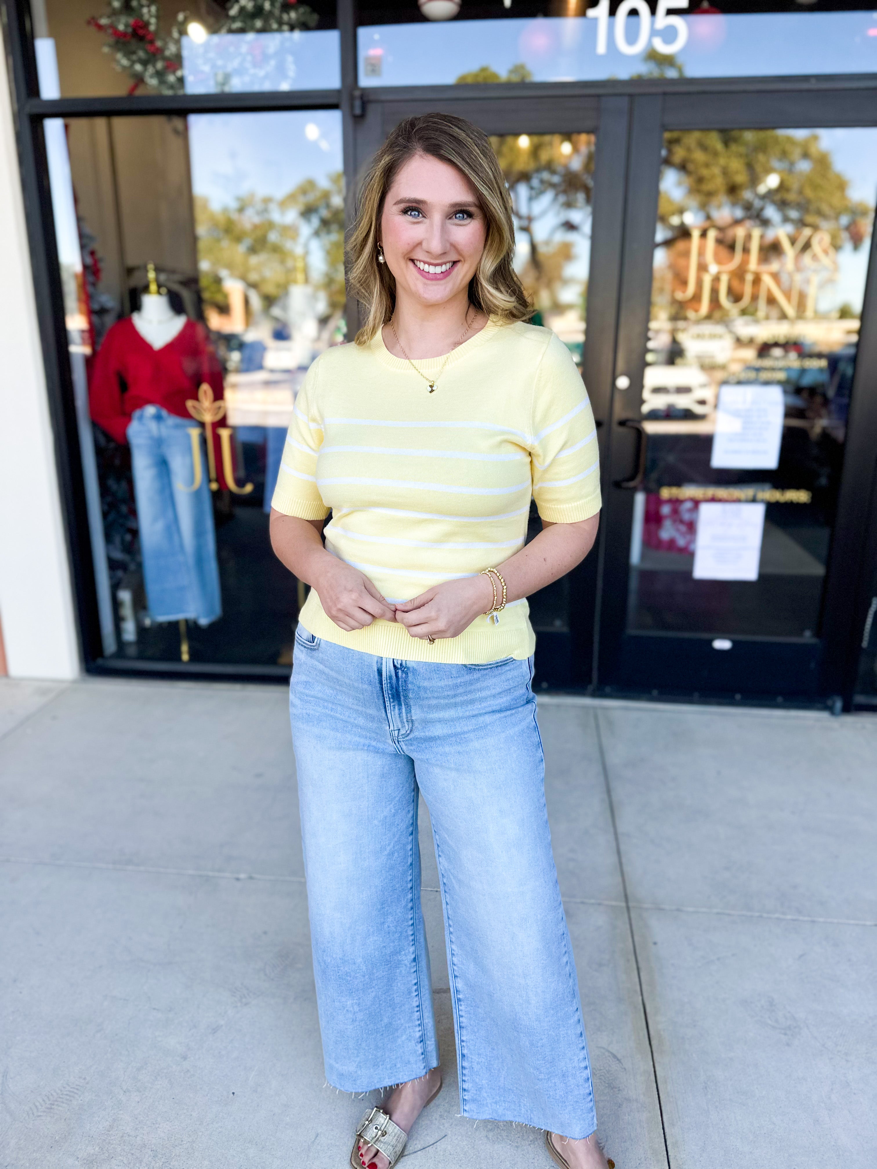 Short Sleeve Stripped Sweater Top - Lemon-230 Sweaters/Cardis-ALLIE ROSE-July & June Women's Fashion Boutique Located in San Antonio, Texas