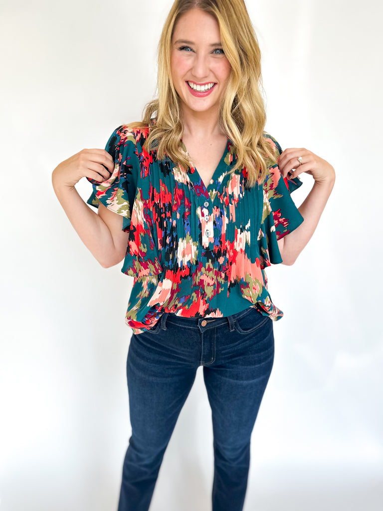 Abstract Ruffle Blouse- Teal-200 Fashion Blouses-ENTRO-July & June Women's Fashion Boutique Located in San Antonio, Texas