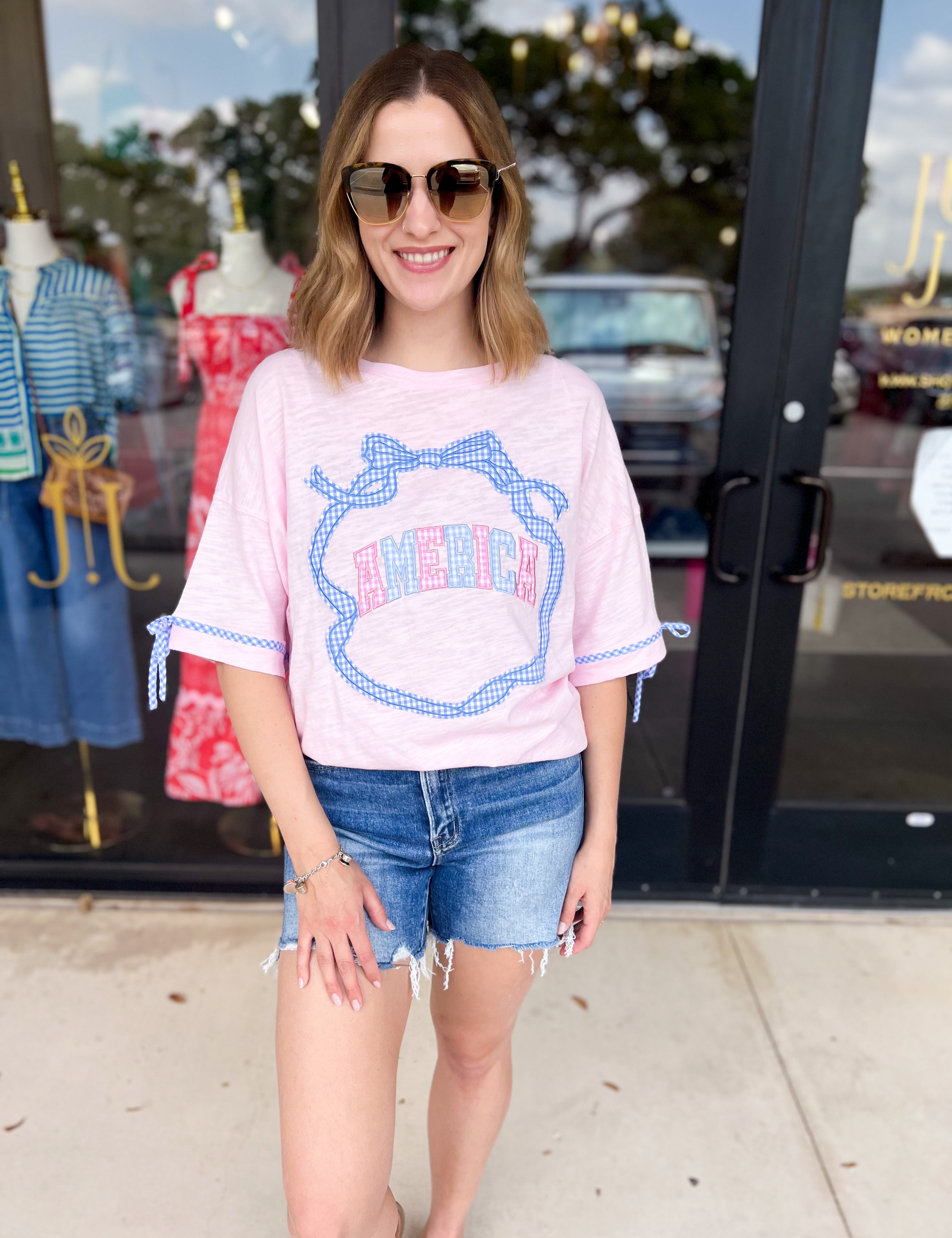 Pink Gingham USA Tee-210 Casual Blouses-PEACH LOVE-July & June Women's Fashion Boutique Located in San Antonio, Texas