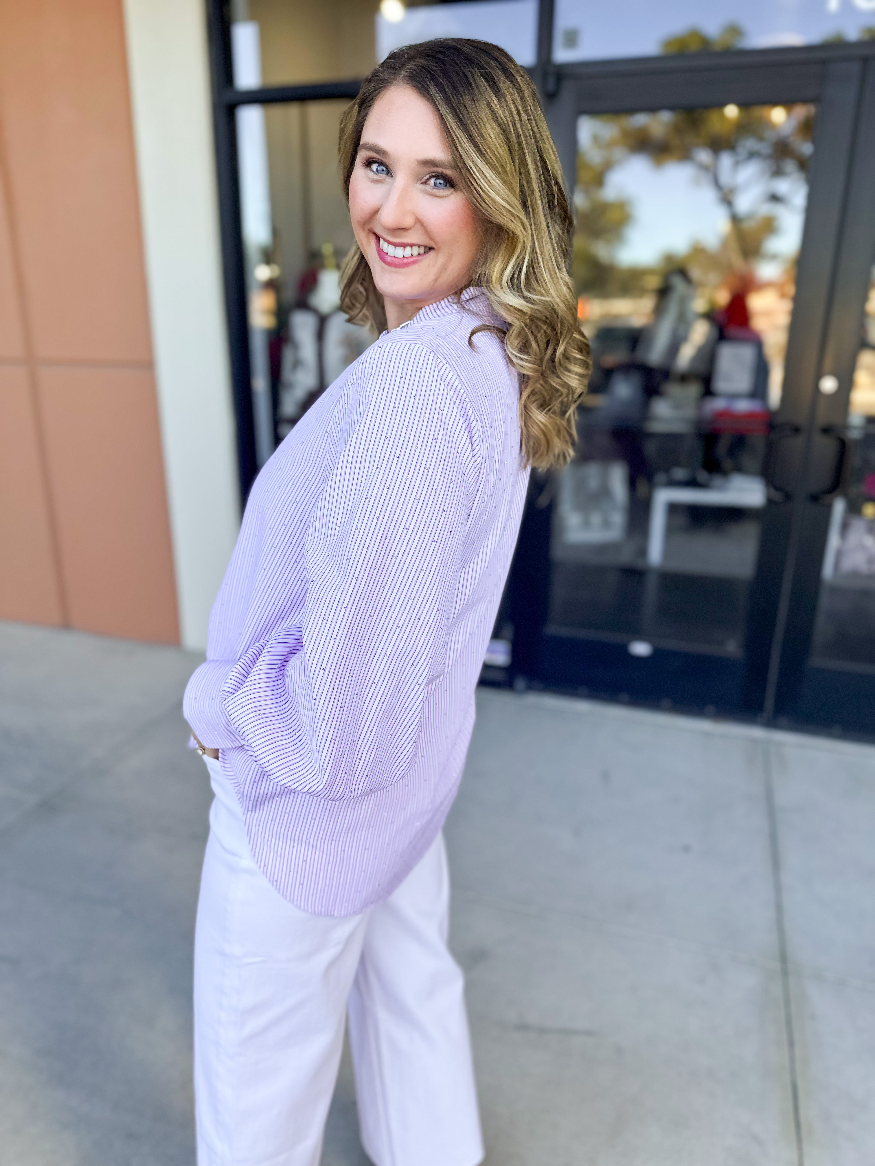 Current Air - Rhinestone Button Down Blouse - Light Pink-200 Fashion Blouses-CURRENT AIR CLOTHING-July & June Women's Fashion Boutique Located in San Antonio, Texas