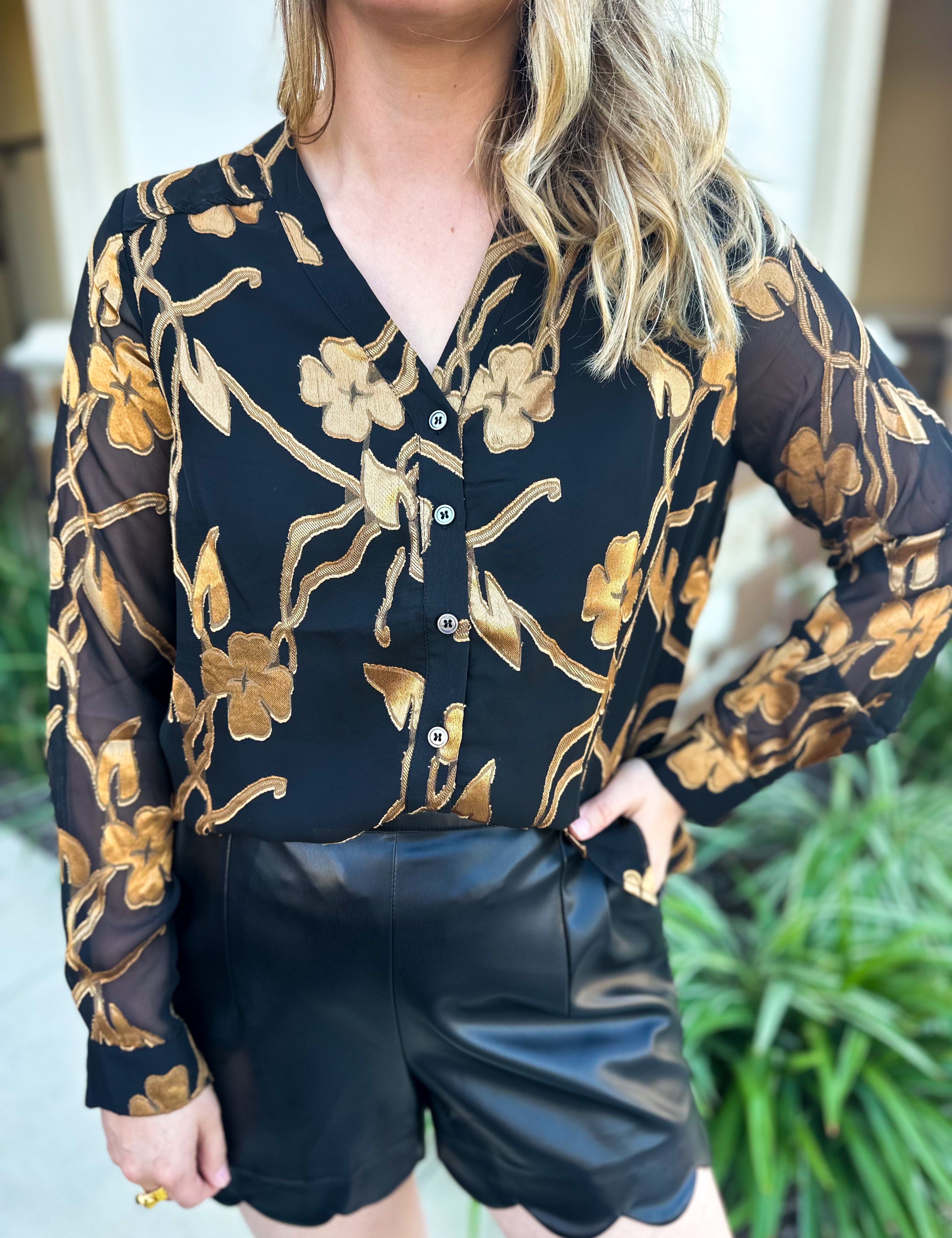 Current Air - Golden Floral Blouse-200 Fashion Blouses-CURRENT AIR CLOTHING-July & June Women's Fashion Boutique Located in San Antonio, Texas