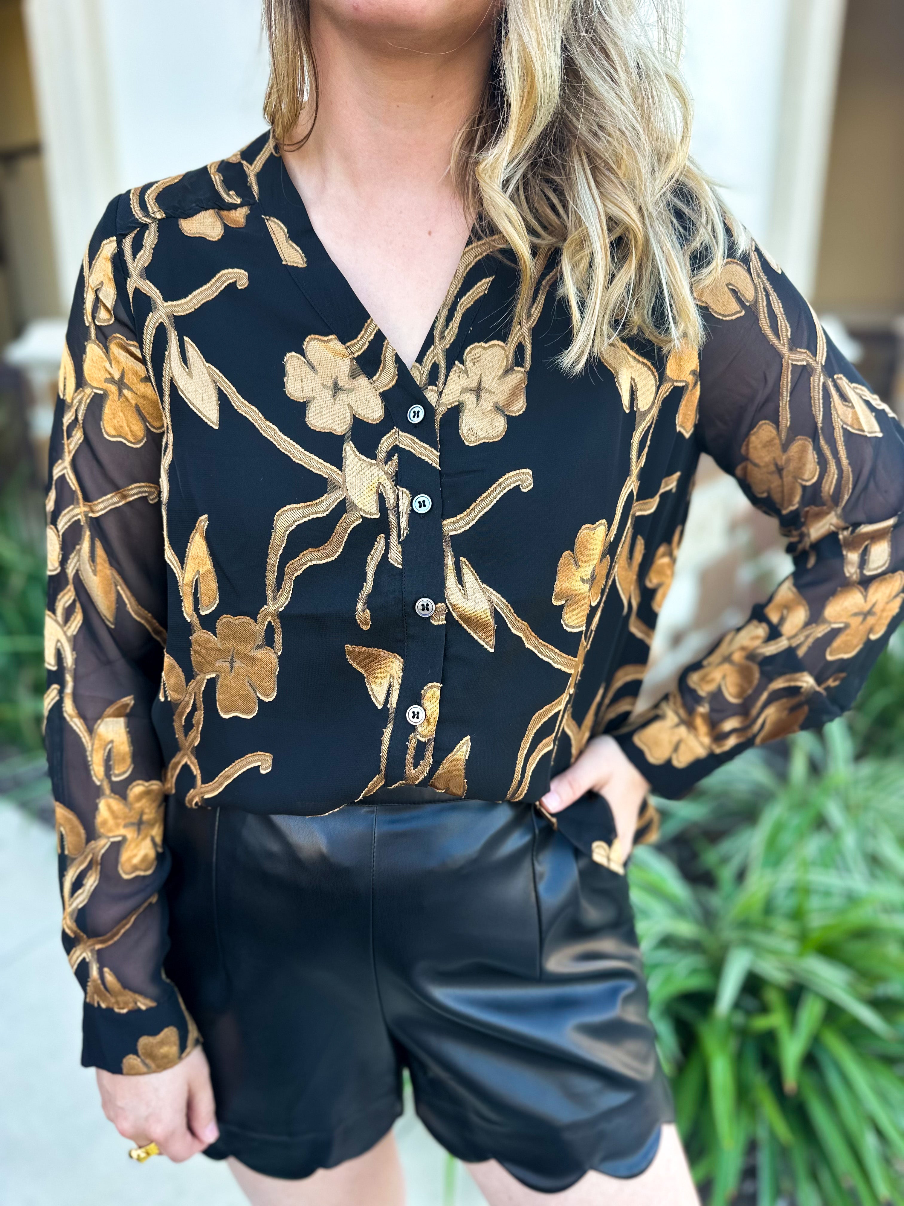 Current Air - Golden Floral Blouse-200 Fashion Blouses-CURRENT AIR CLOTHING-July & June Women's Fashion Boutique Located in San Antonio, Texas