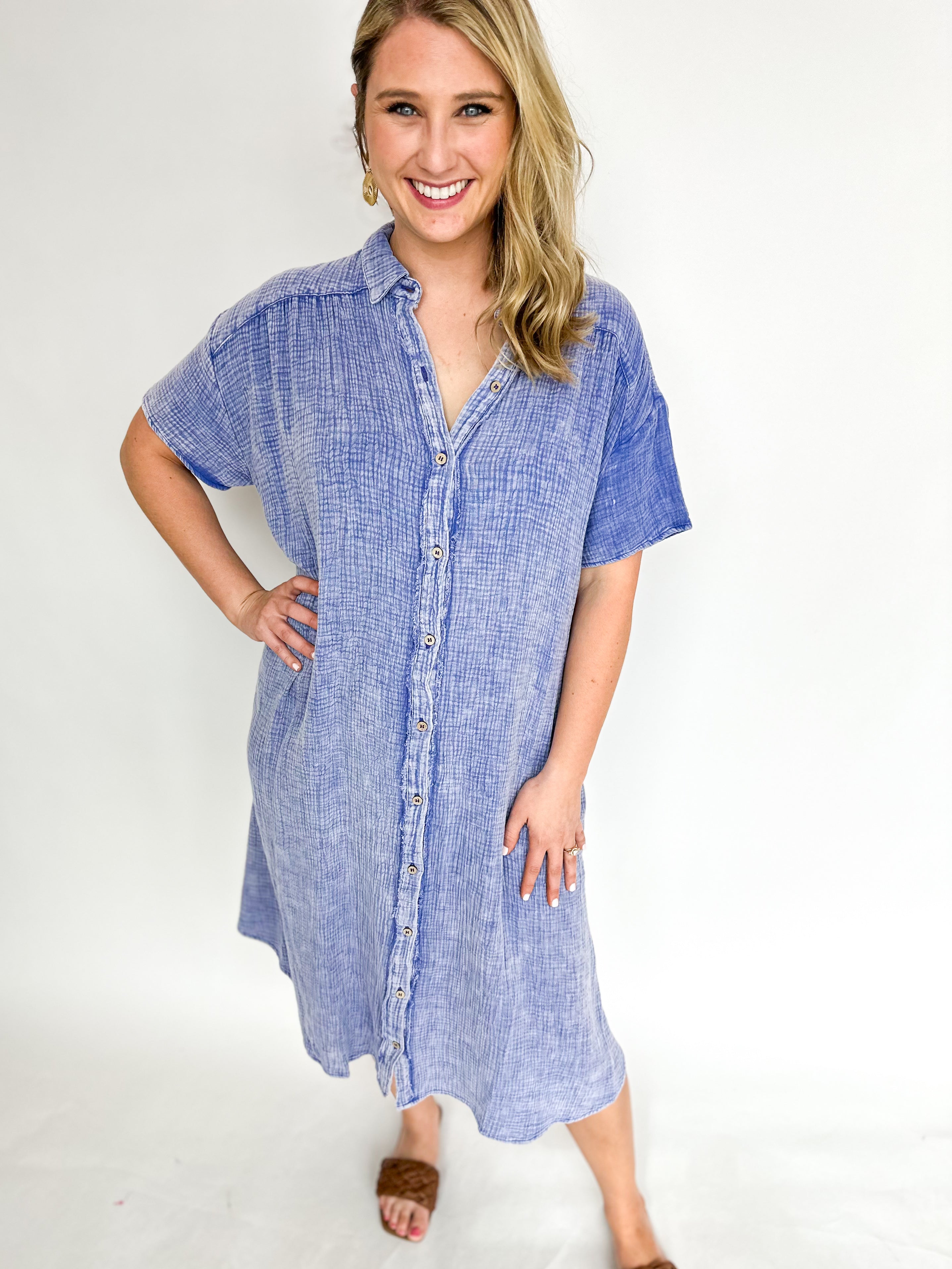 Gauze Midi Dress - Denim Blue-500 Midi-FANTASTIC FAWN-July & June Women's Fashion Boutique Located in San Antonio, Texas
