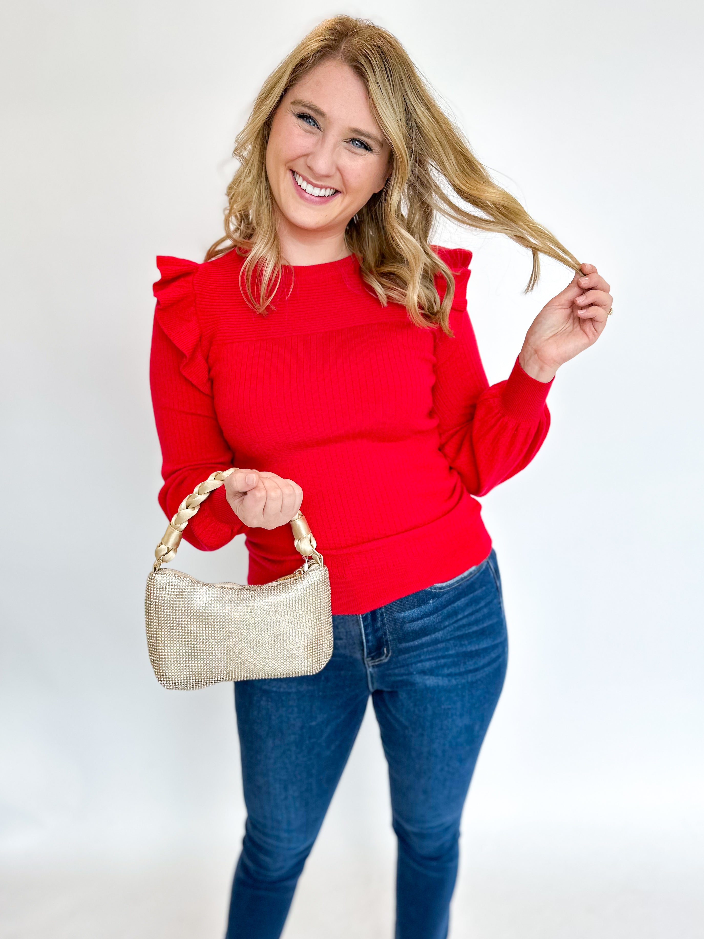 Classy Ruffle Sweater- Red-230 Sweaters/Cardis-&MERCI-July & June Women's Fashion Boutique Located in San Antonio, Texas