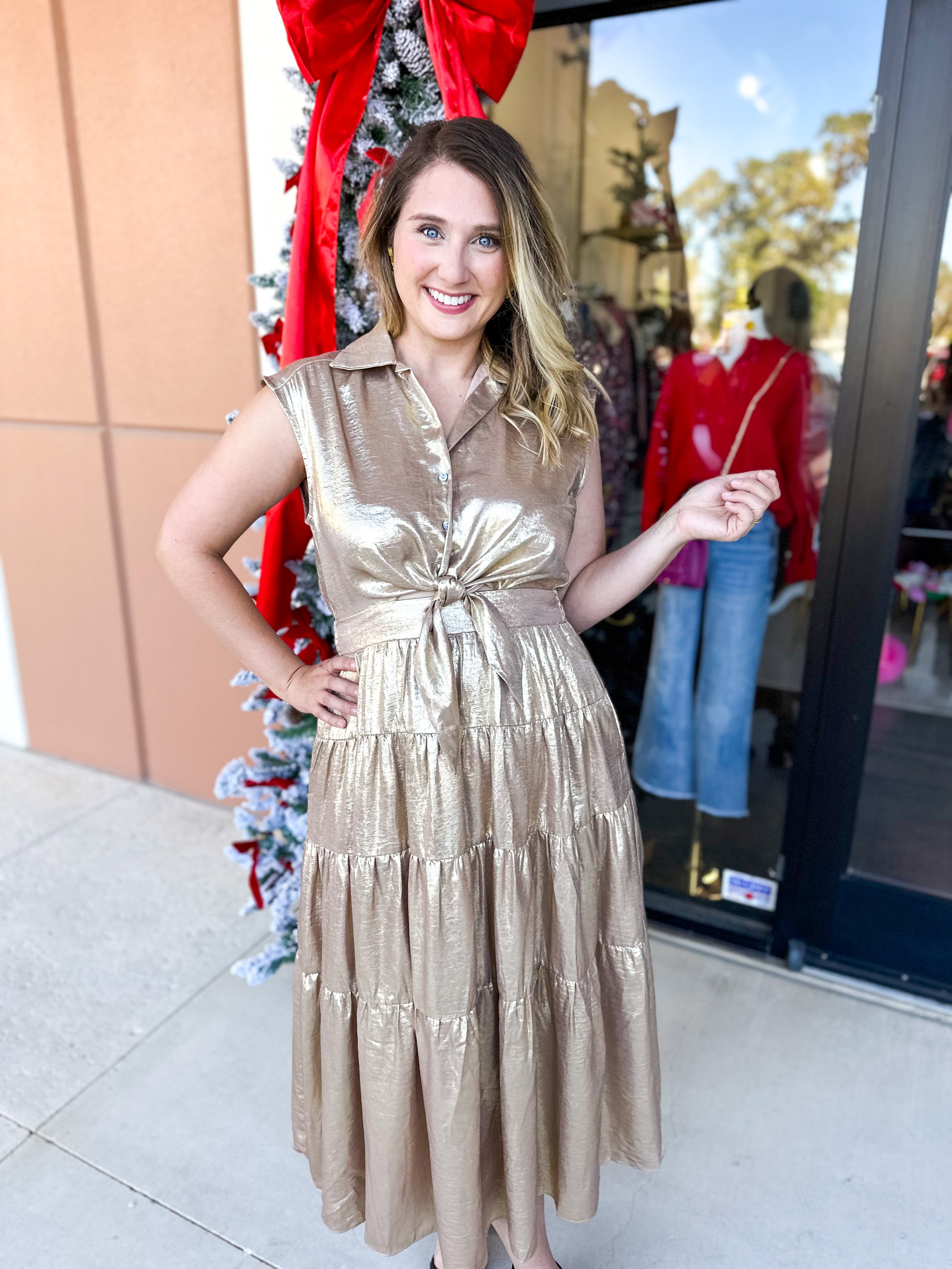 Champagne Collard Midi Dress-500 Midi-ENTRO-July & June Women's Fashion Boutique Located in San Antonio, Texas