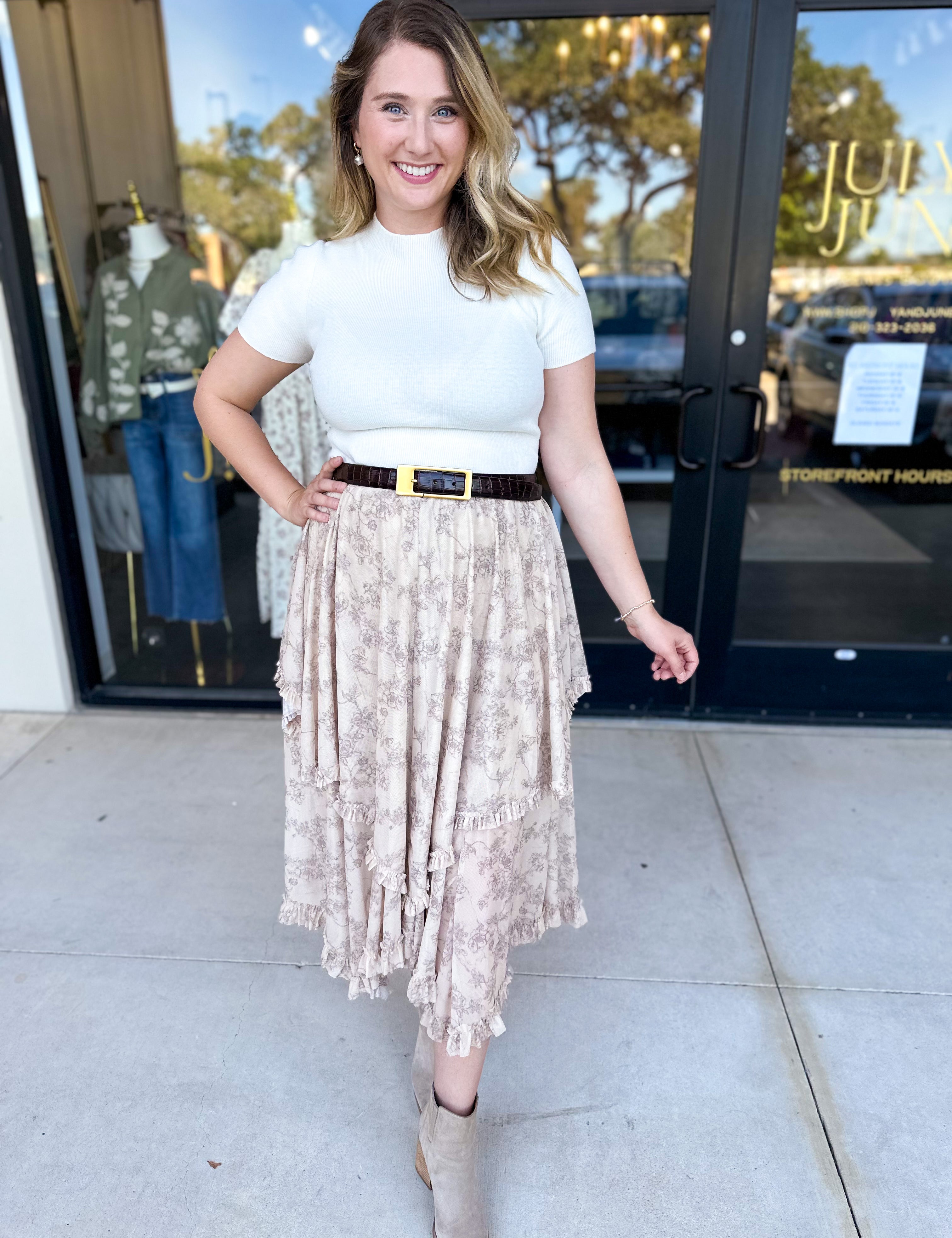 Mocha Floral Midi Skirt-410 Shorts/Skirts-POLOGRAM-July & June Women's Fashion Boutique Located in San Antonio, Texas