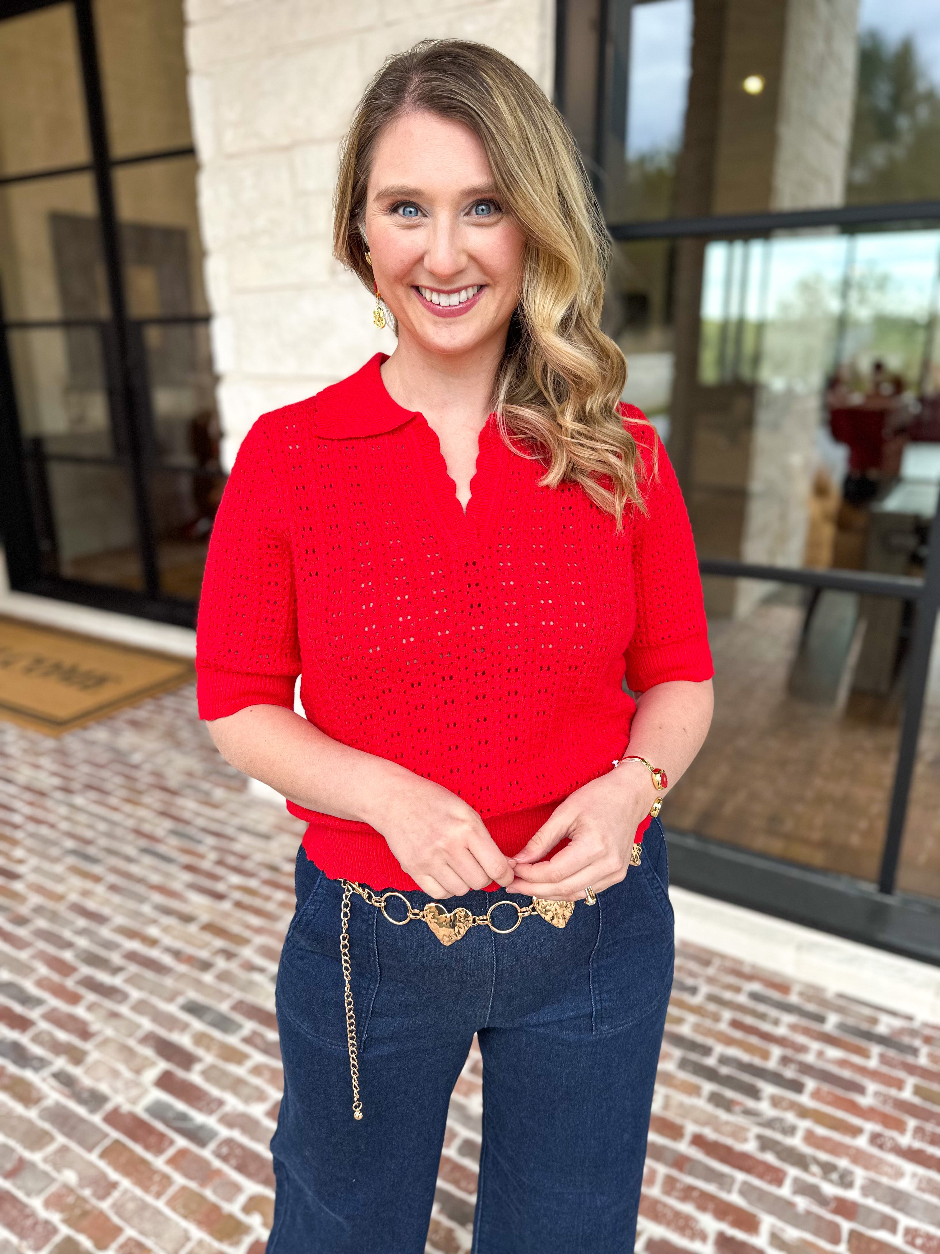 THML - Tomato Red Knit Top-230 Sweaters/Cardis-THML-July & June Women's Fashion Boutique Located in San Antonio, Texas