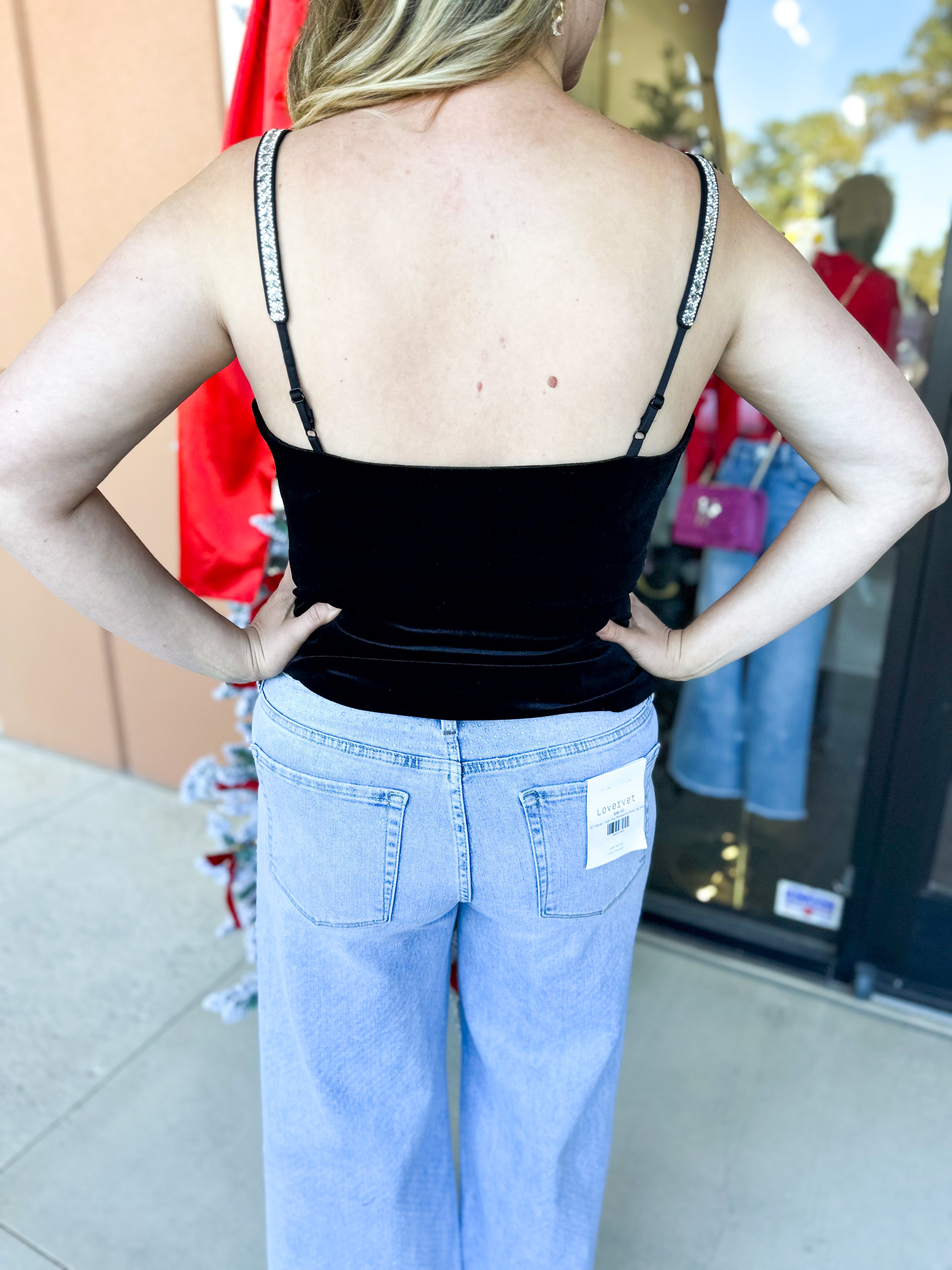 Velvet & Rhinestone Cami-200 Fashion Blouses-SKIES ARE BLUE-July & June Women's Fashion Boutique Located in San Antonio, Texas