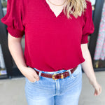 Everyday Ruffle V-Neck Blouse - Crimson-200 Fashion Blouses-JODIFL-July & June Women's Fashion Boutique Located in San Antonio, Texas