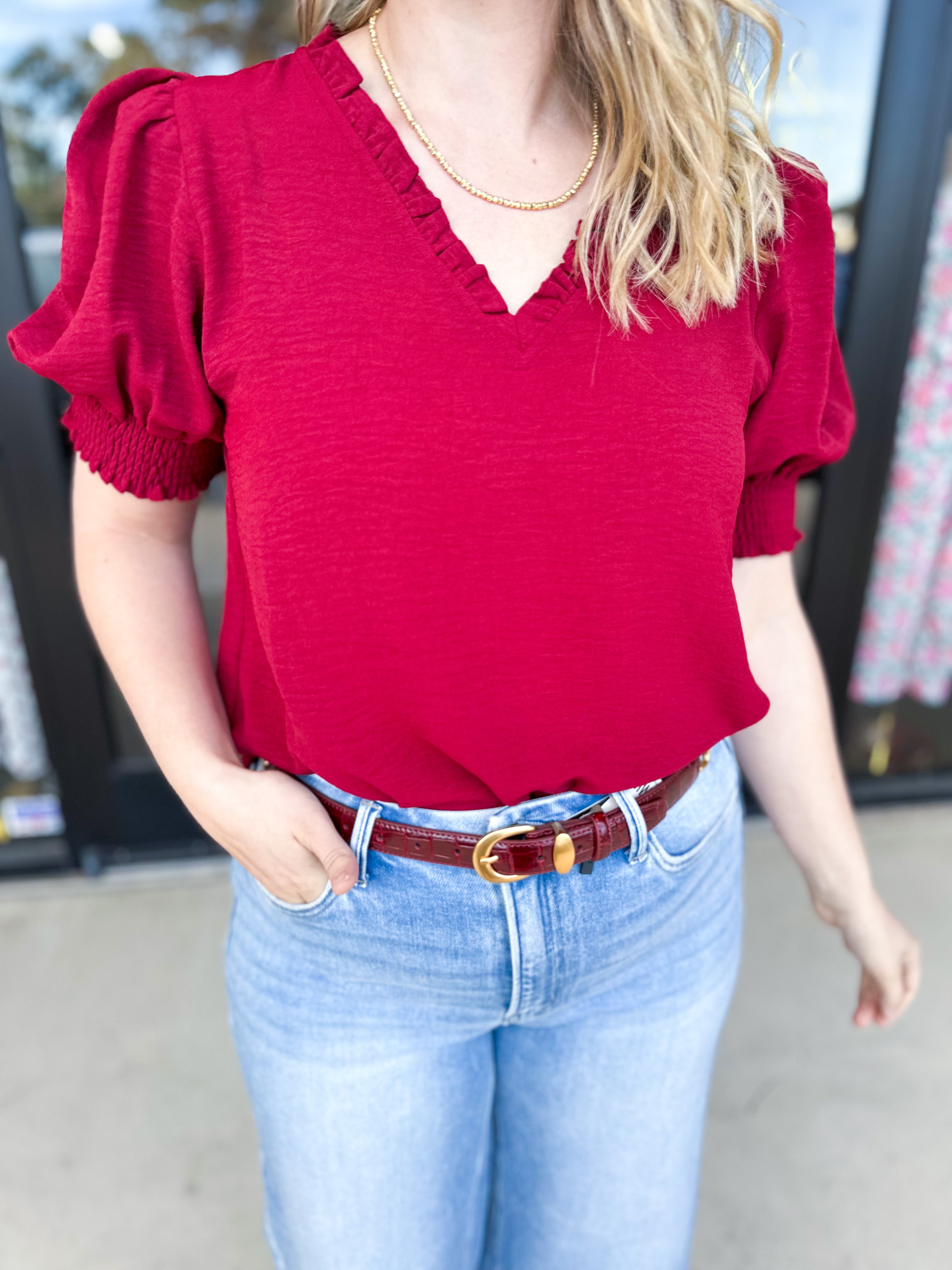 Everyday Ruffle V-Neck Blouse - Crimson-200 Fashion Blouses-JODIFL-July & June Women's Fashion Boutique Located in San Antonio, Texas