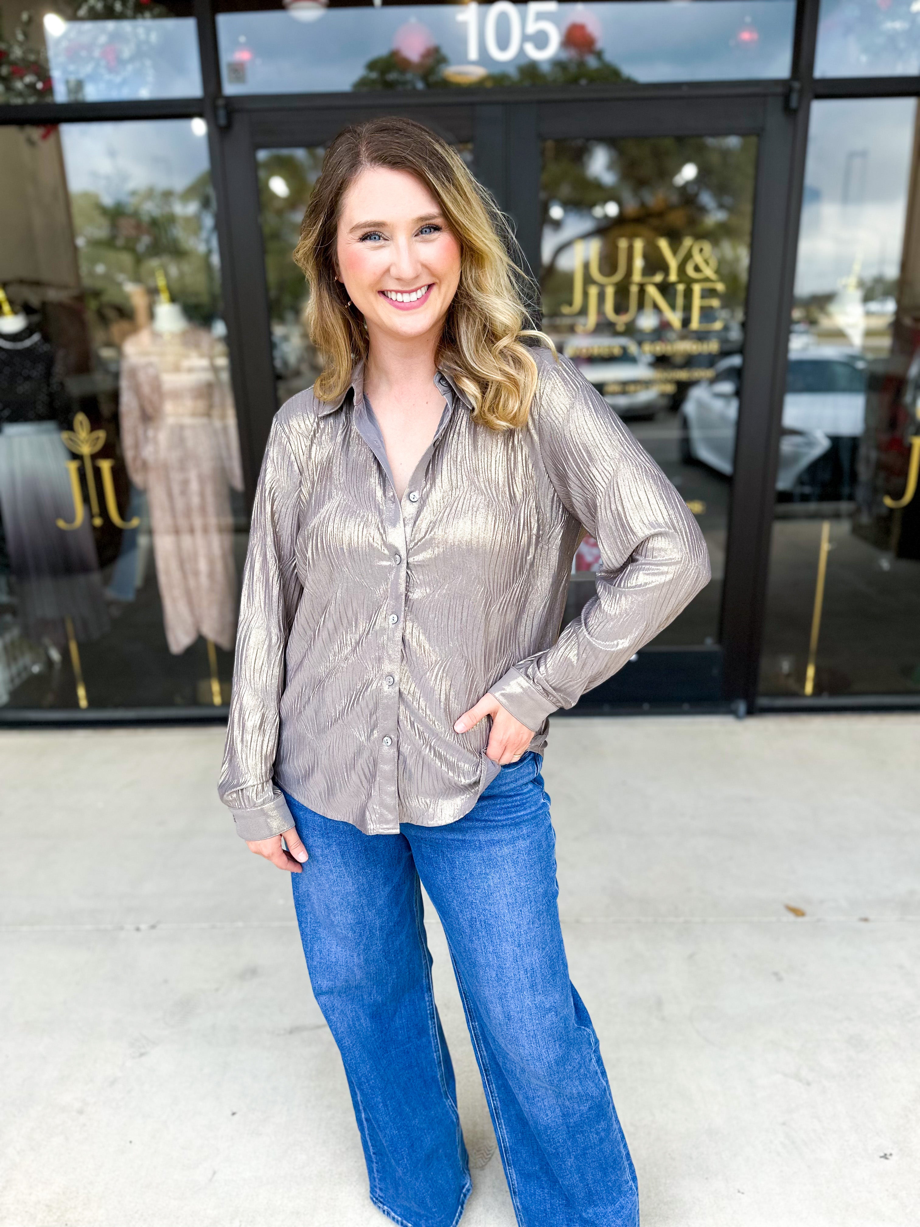 Shimmer Button Down Blouse - Champagne-200 Fashion Blouses-ALLIE ROSE-July & June Women's Fashion Boutique Located in San Antonio, Texas