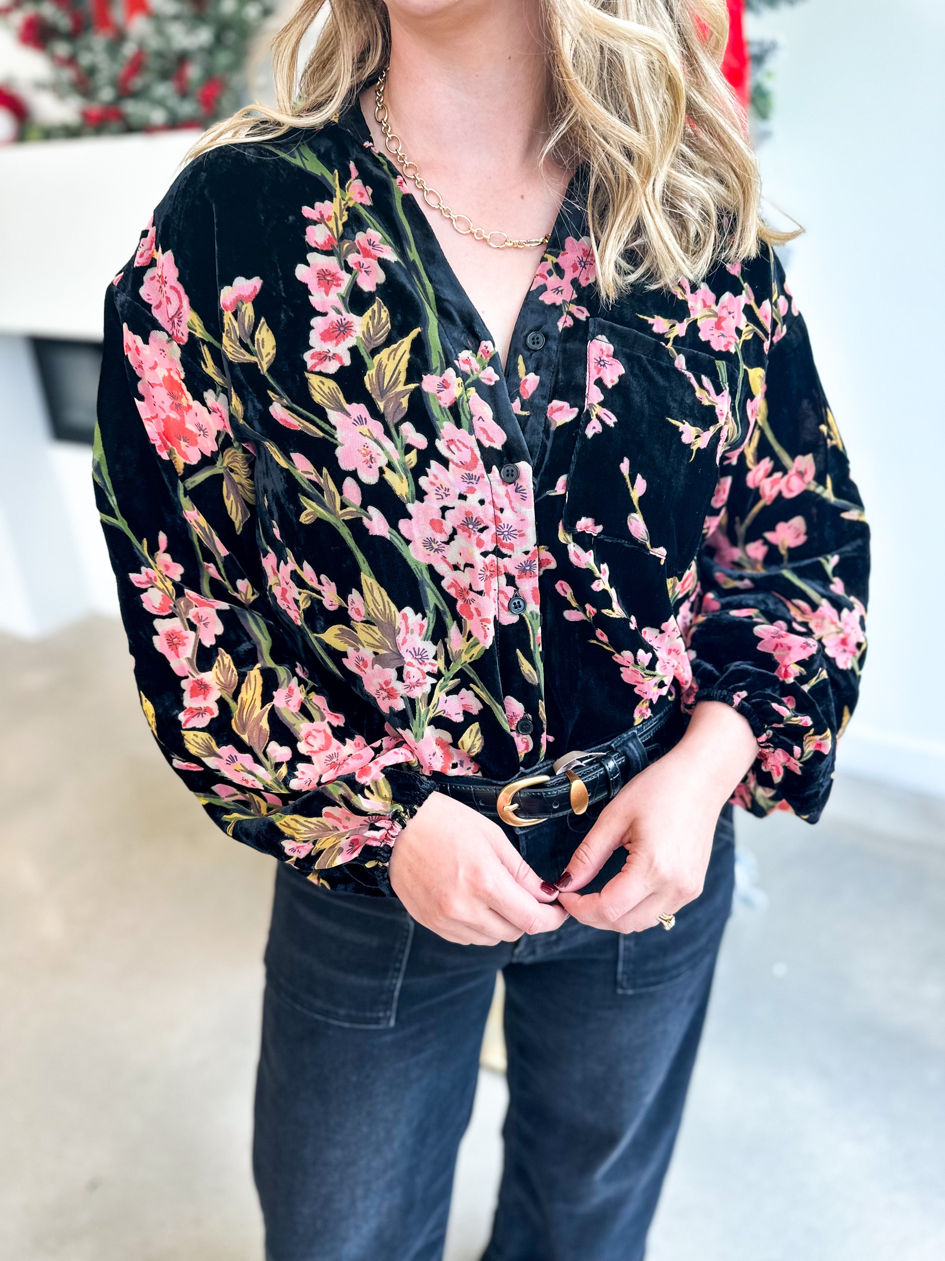 Velvet Floral Blouse - Black-200 Fashion Blouses-JODIFL-July & June Women's Fashion Boutique Located in San Antonio, Texas
