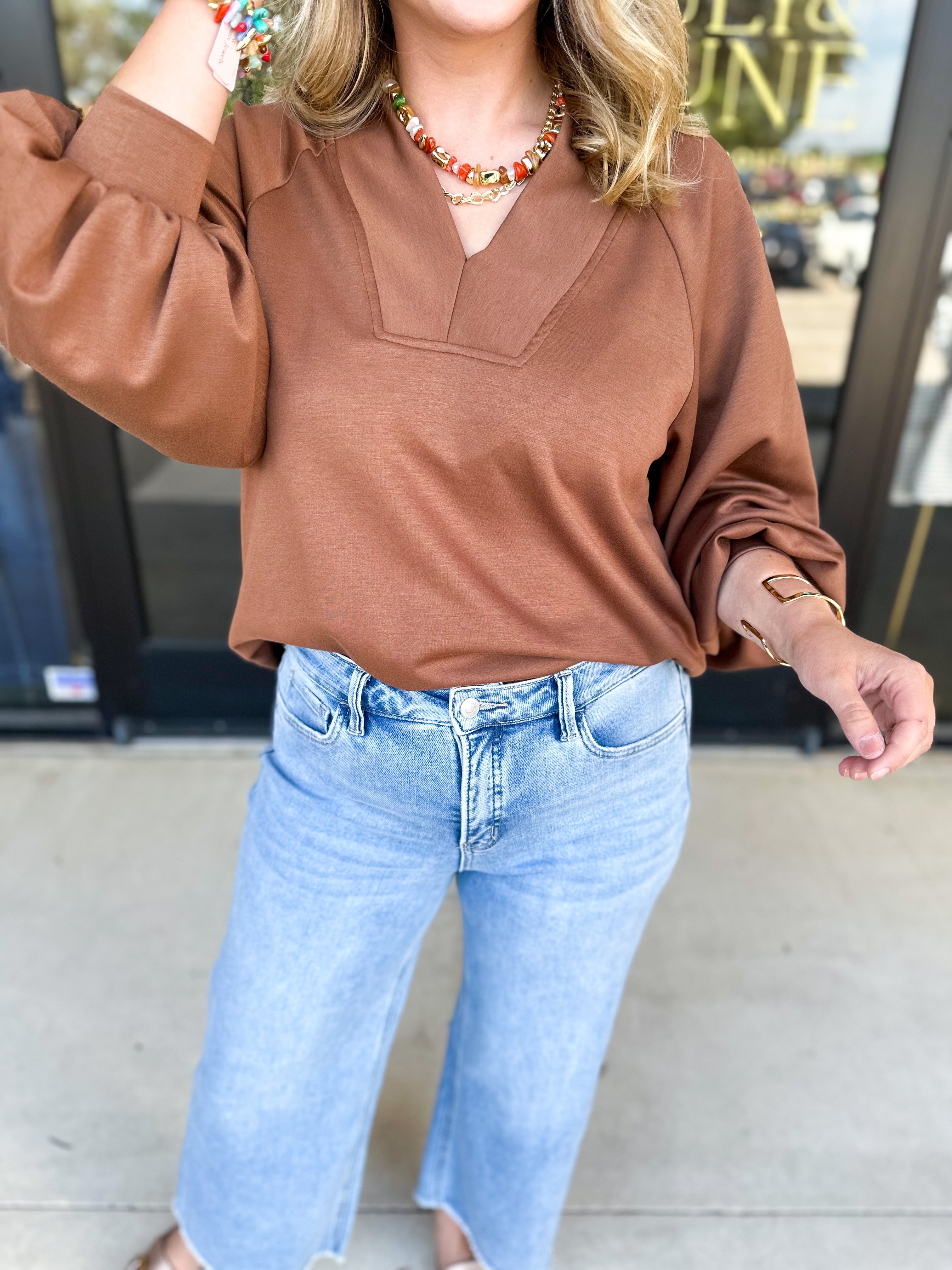 Everyday Comfy Long Sleeve - Chocolate-210 Casual Blouses-JODIFL-July & June Women's Fashion Boutique Located in San Antonio, Texas