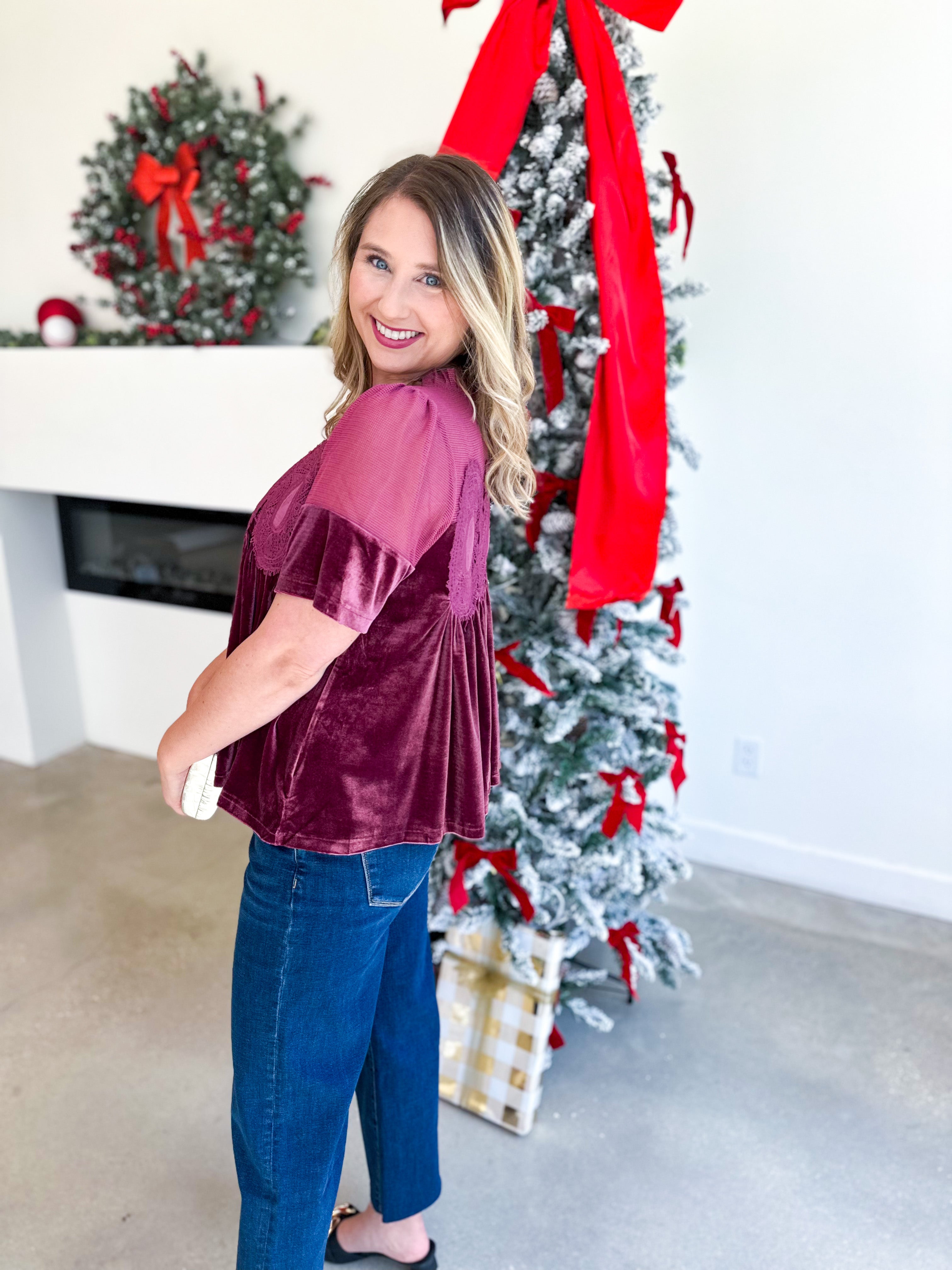 Lace Details Velvet Blouse - Pink-200 Fashion Blouses-FATE-July & June Women's Fashion Boutique Located in San Antonio, Texas