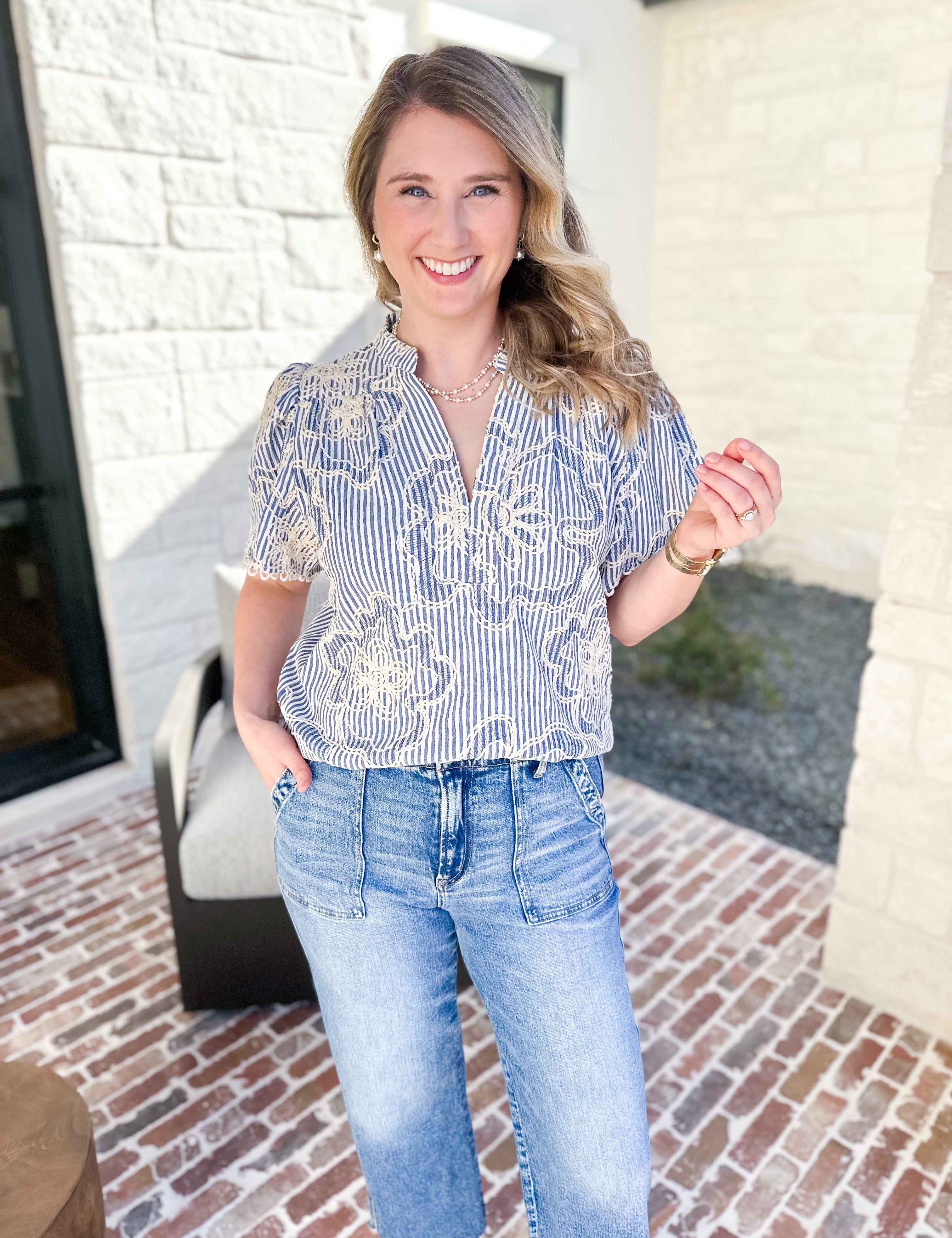 THML - Blue Skies Embroidered Blouse-510 Mini-THML-July & June Women's Fashion Boutique Located in San Antonio, Texas