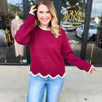 Scalloped Edges Sweater - Burgundy-230 Sweaters/Cardis-ENTRO-July & June Women's Fashion Boutique Located in San Antonio, Texas