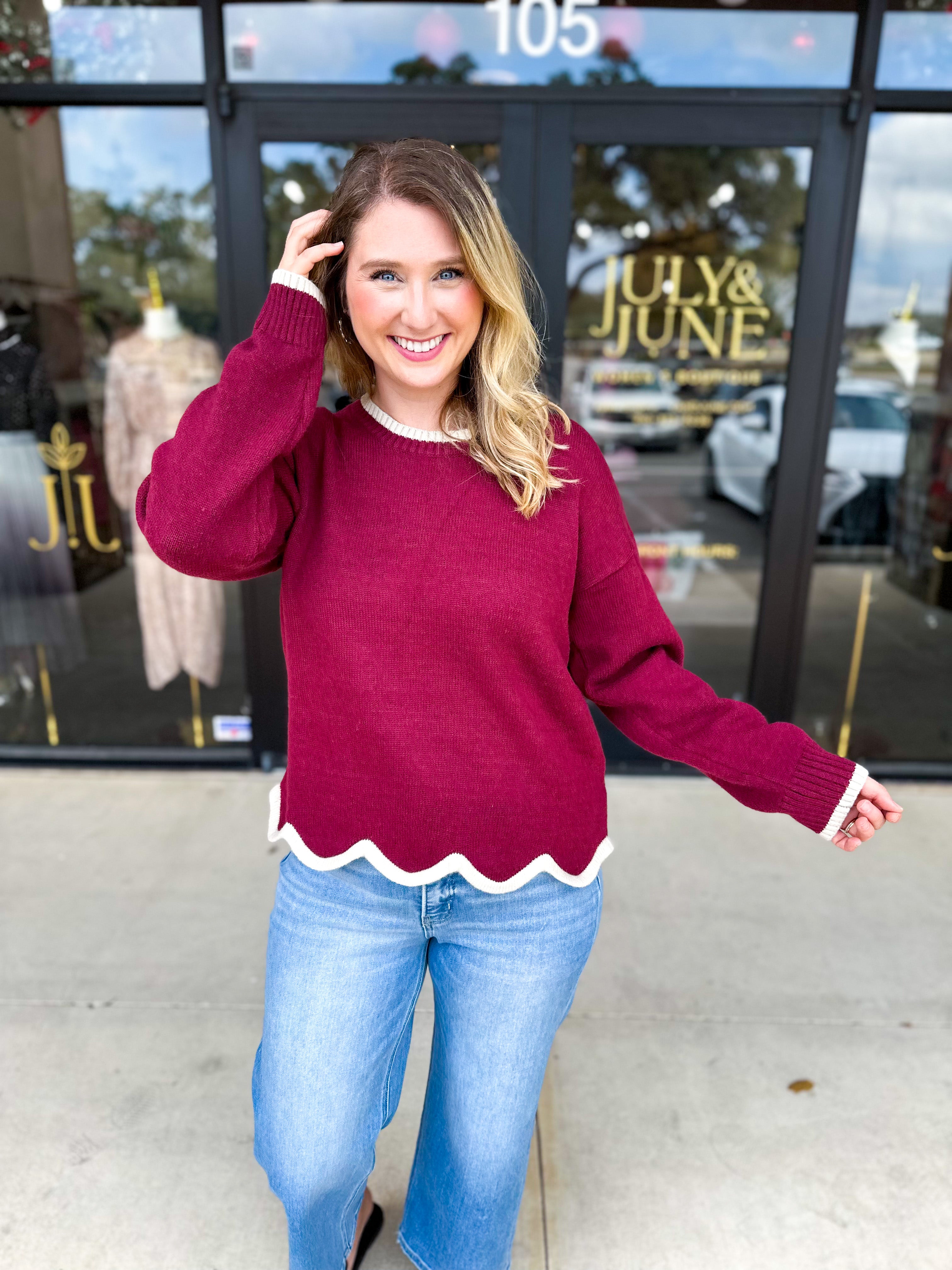 Scalloped Edges Sweater - Burgundy-230 Sweaters/Cardis-ENTRO-July & June Women's Fashion Boutique Located in San Antonio, Texas