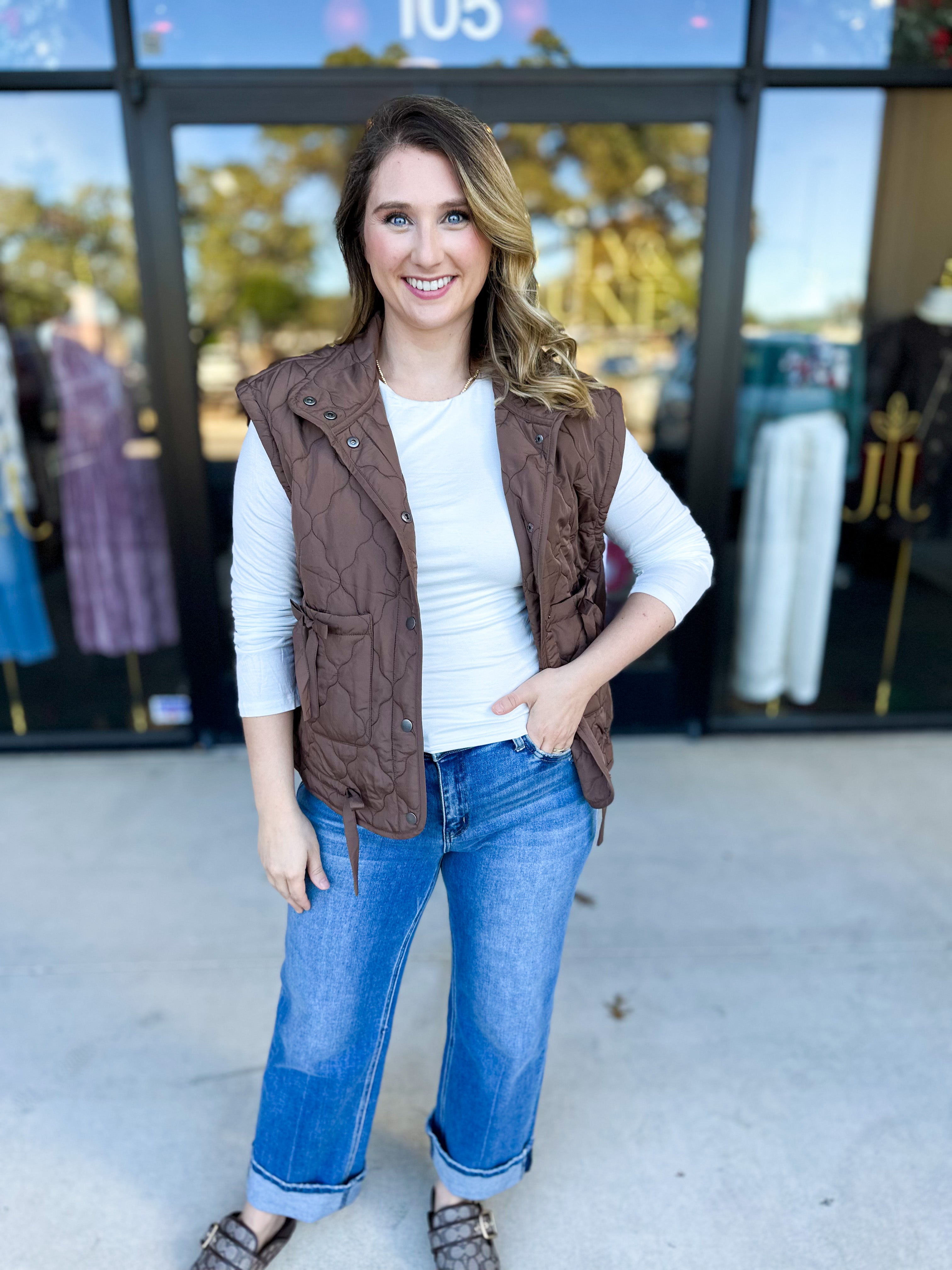 Quilted Bow Vest - Brown-600 Outerwear-BLU PEPPER-July & June Women's Fashion Boutique Located in San Antonio, Texas