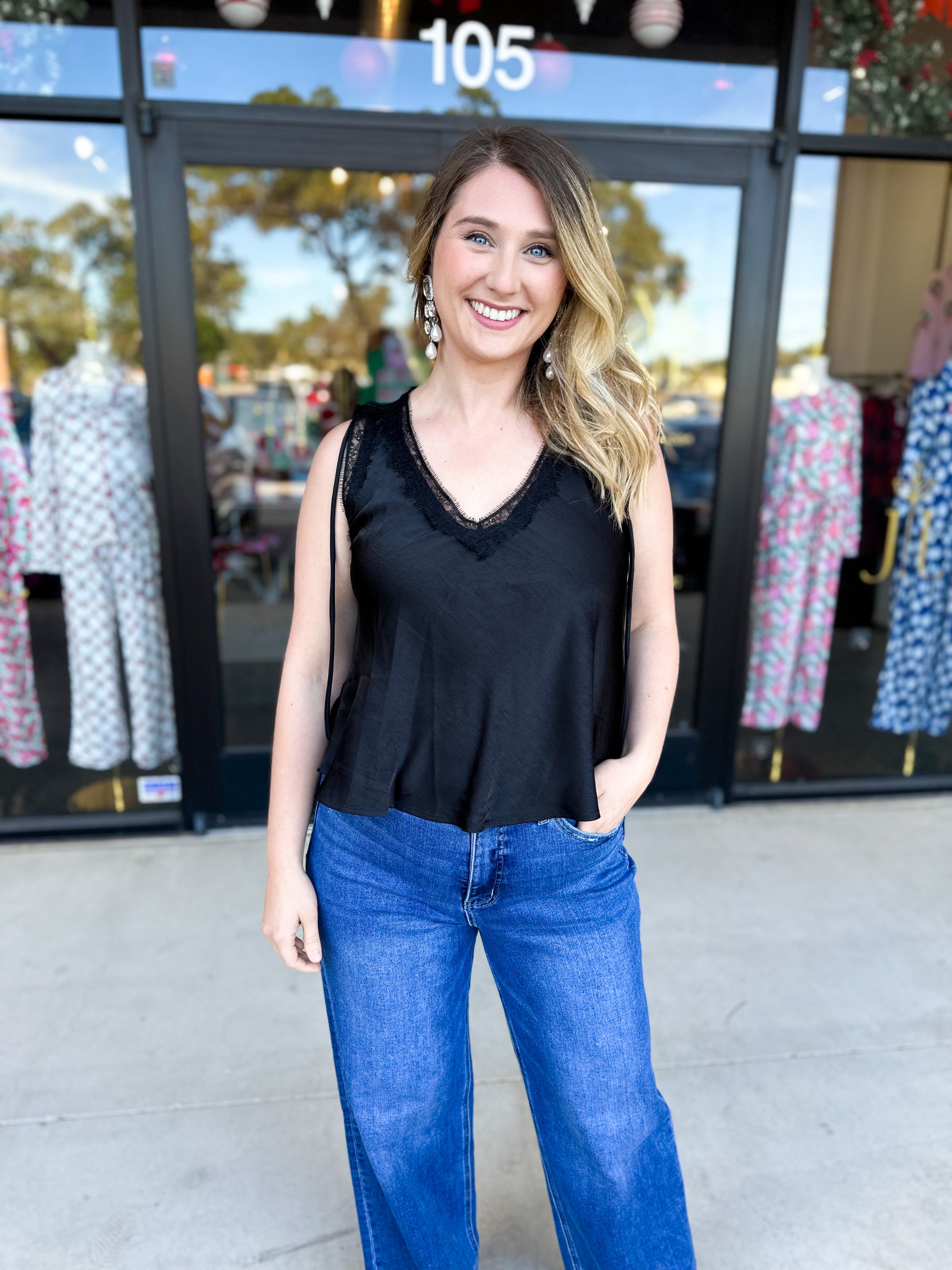 V-Neck Lacy Cami-200 Fashion Blouses-SKIES ARE BLUE-July & June Women's Fashion Boutique Located in San Antonio, Texas