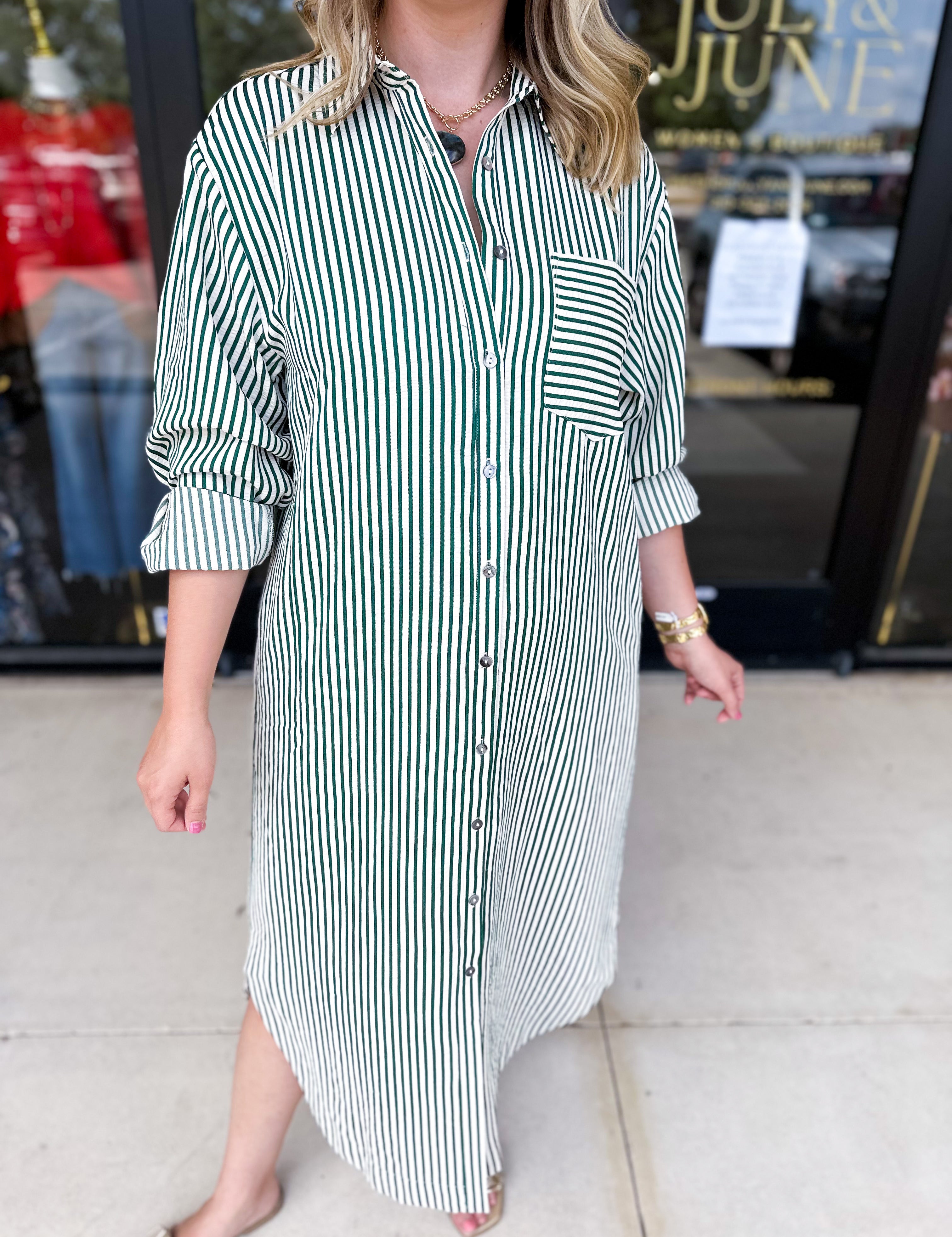 Button Down Casual Midi Dress - Hunter Green-500 Midi-ENTRO-July & June Women's Fashion Boutique Located in San Antonio, Texas