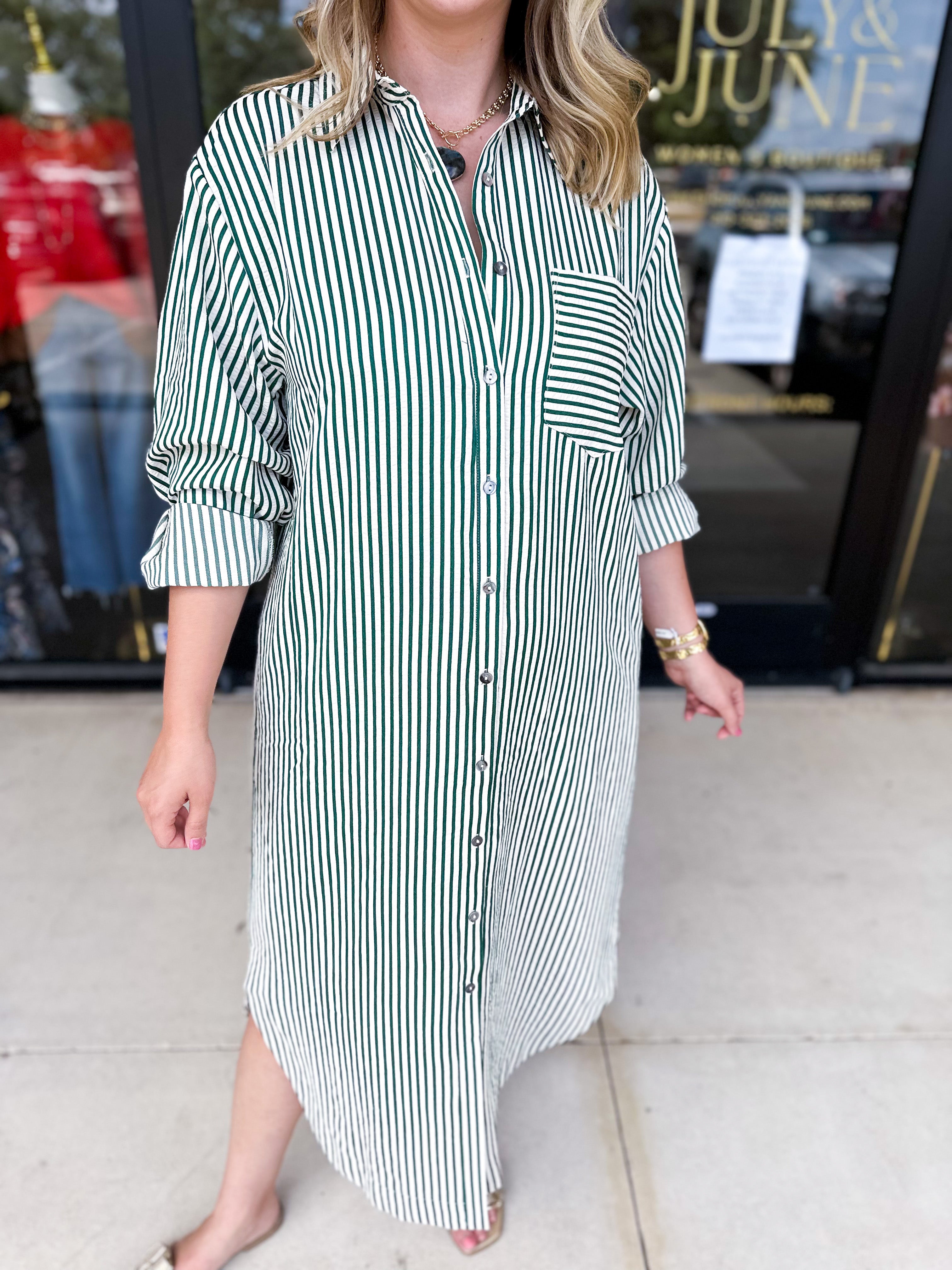 Button Down Casual Midi Dress - Hunter Green-500 Midi-ENTRO-July & June Women's Fashion Boutique Located in San Antonio, Texas