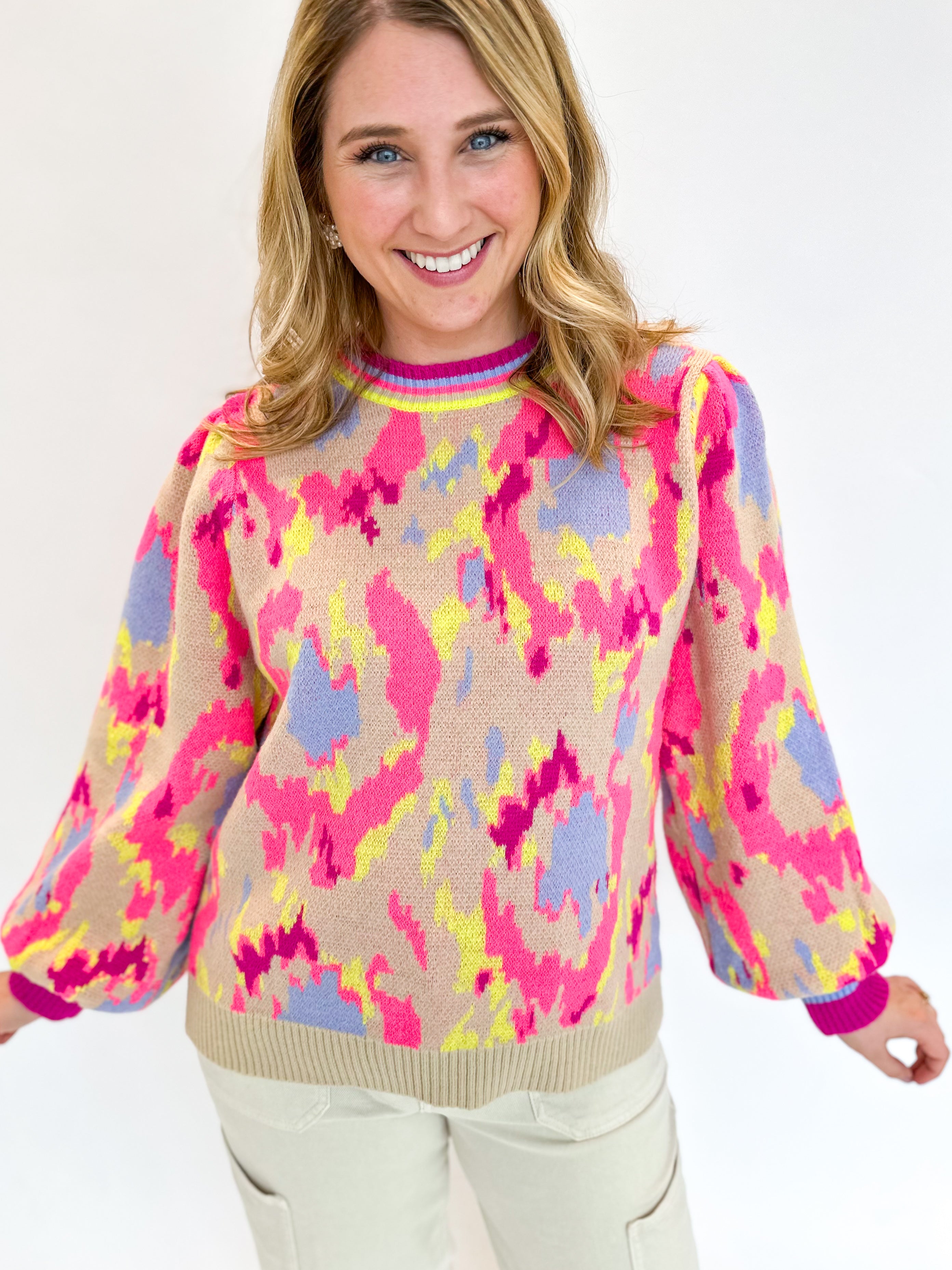 Pink & Neon Abstract Sweater Top-230 Sweaters/Cardis-JODIFL-July & June Women's Fashion Boutique Located in San Antonio, Texas